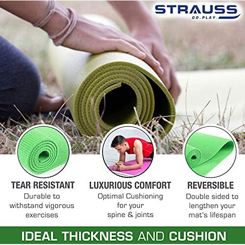STRAUSS Yoga Mat with Carry Bag | Anti-Slip Exercise Mat for Women & Men | Home Gym Workout, Yoga, Pilates | Eco-friendly | Non-Slip Surface | Lightweight & Durable | 4mm (Green)