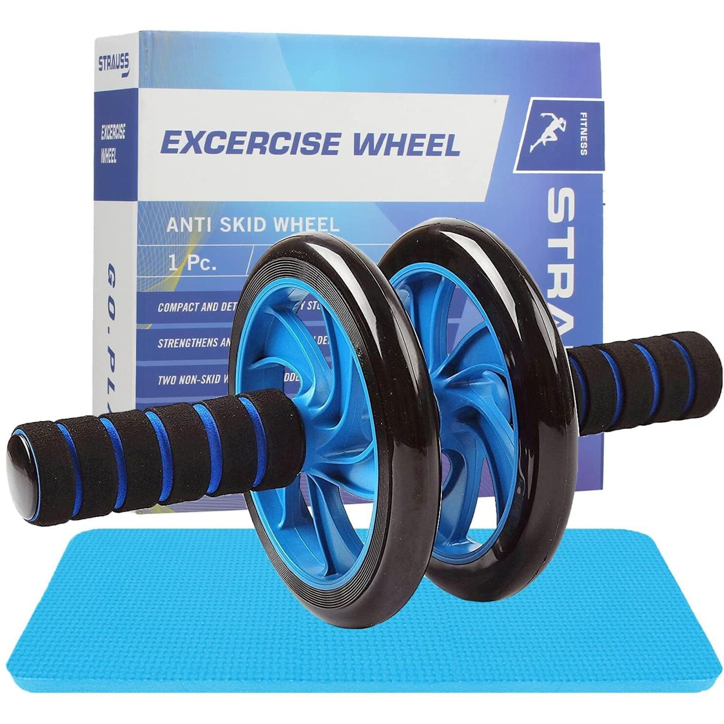 Strauss Double Wheel Ab Exerciser With Knee Mat | Anti Skid Wheel Base,Non Slip Foam Handles & Dual Abdominal Exercise | Core Workout | Ideal For Home Workout for Abs, Tummy, (Blue)