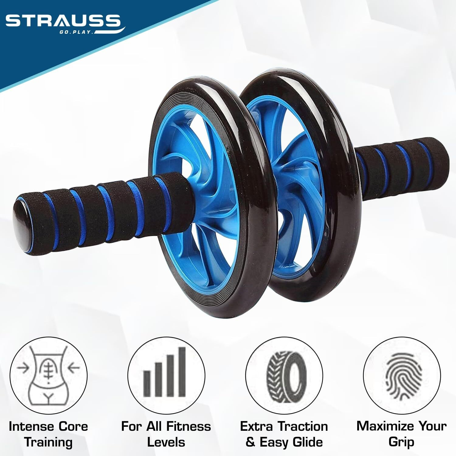 Strauss Double Wheel Ab Exerciser With Knee Mat | Anti Skid Wheel Base,Non Slip Foam Handles & Dual Abdominal Exercise | Core Workout | Ideal For Home Workout for Abs, Tummy, (Blue)