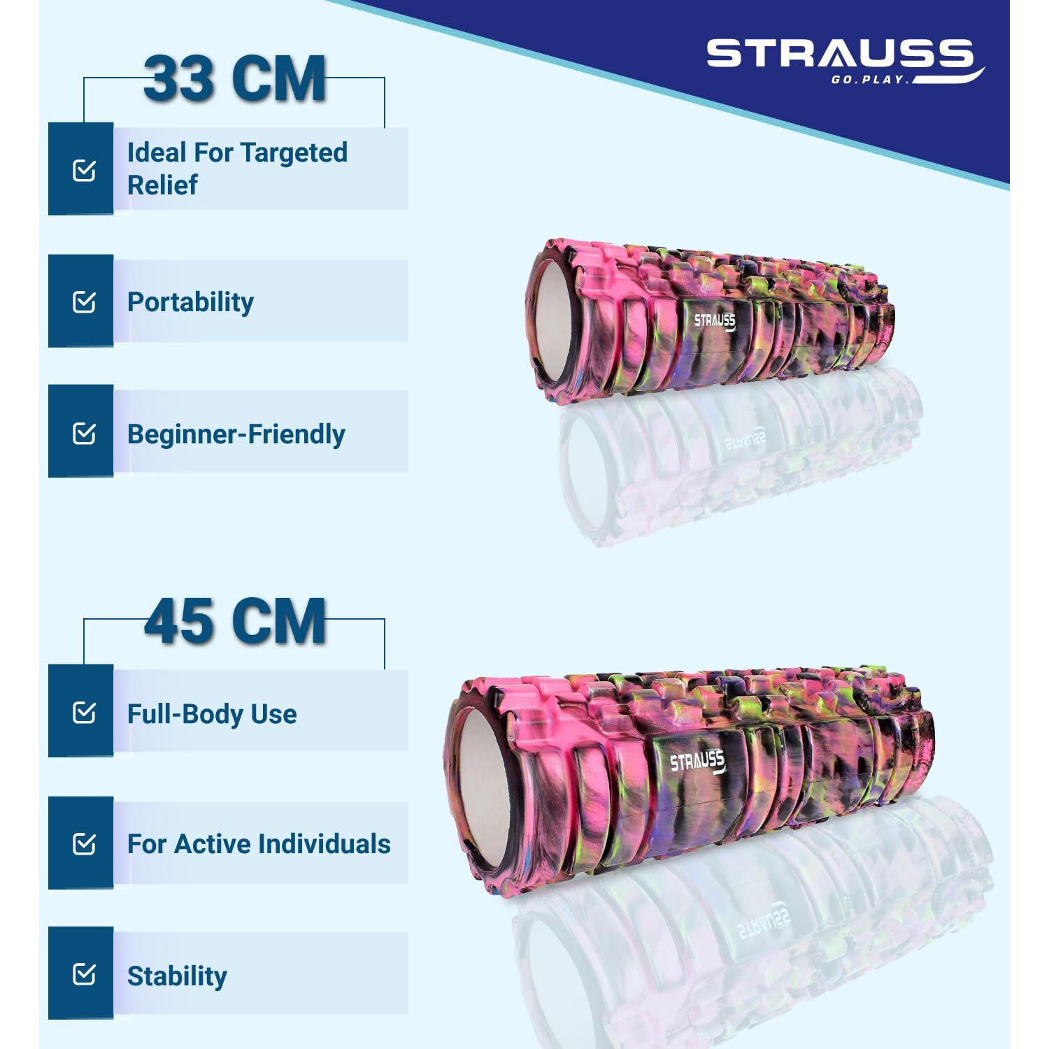 Strauss Deep Tissue Massage Foam Roller|High-Density Muscle Roller for Myofascial Release, Physical Therapy, Yoga, Pilates|Exercise Equipment for Deep Tissue Massage and Muscle Relief|45cm,(Pink)