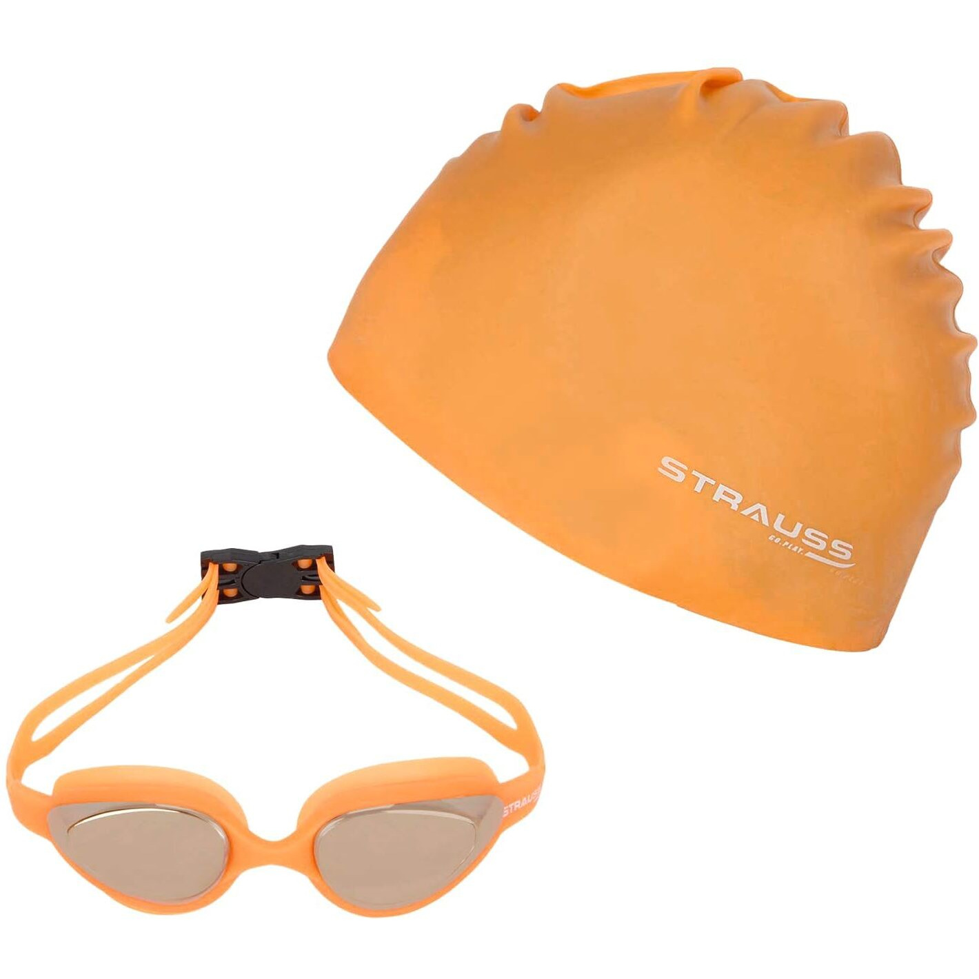 STRAUSS Swimming Goggles Set with UV and Anti Fog Protection | Swimming Kit of Goggles,Cap,Earplug & Nose Plug Set - Ideal for All Age Group | Fully Adjustable | (Orange)