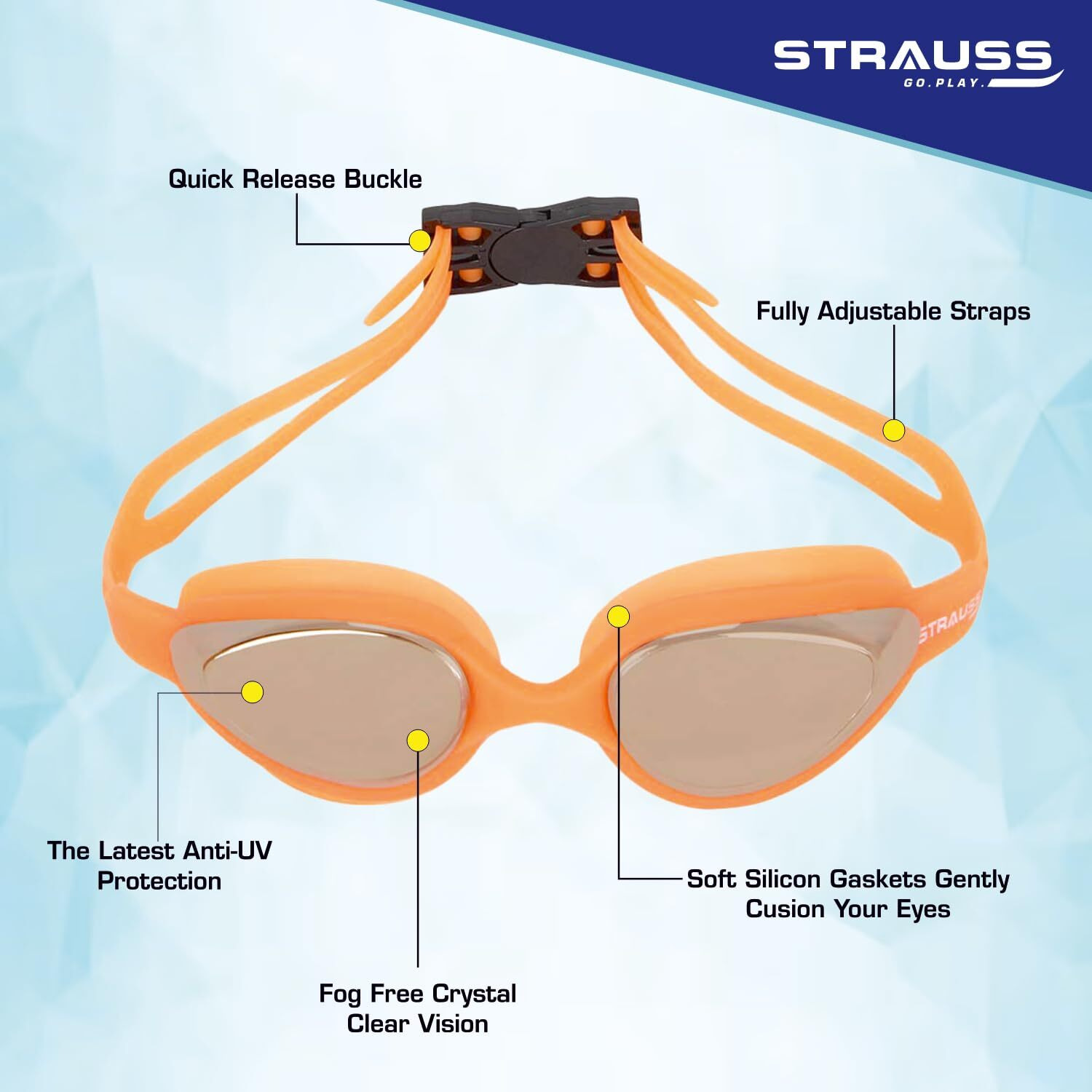STRAUSS Swimming Goggles Set with UV and Anti Fog Protection | Swimming Kit of Goggles,Cap,Earplug & Nose Plug Set - Ideal for All Age Group | Fully Adjustable | (Orange)