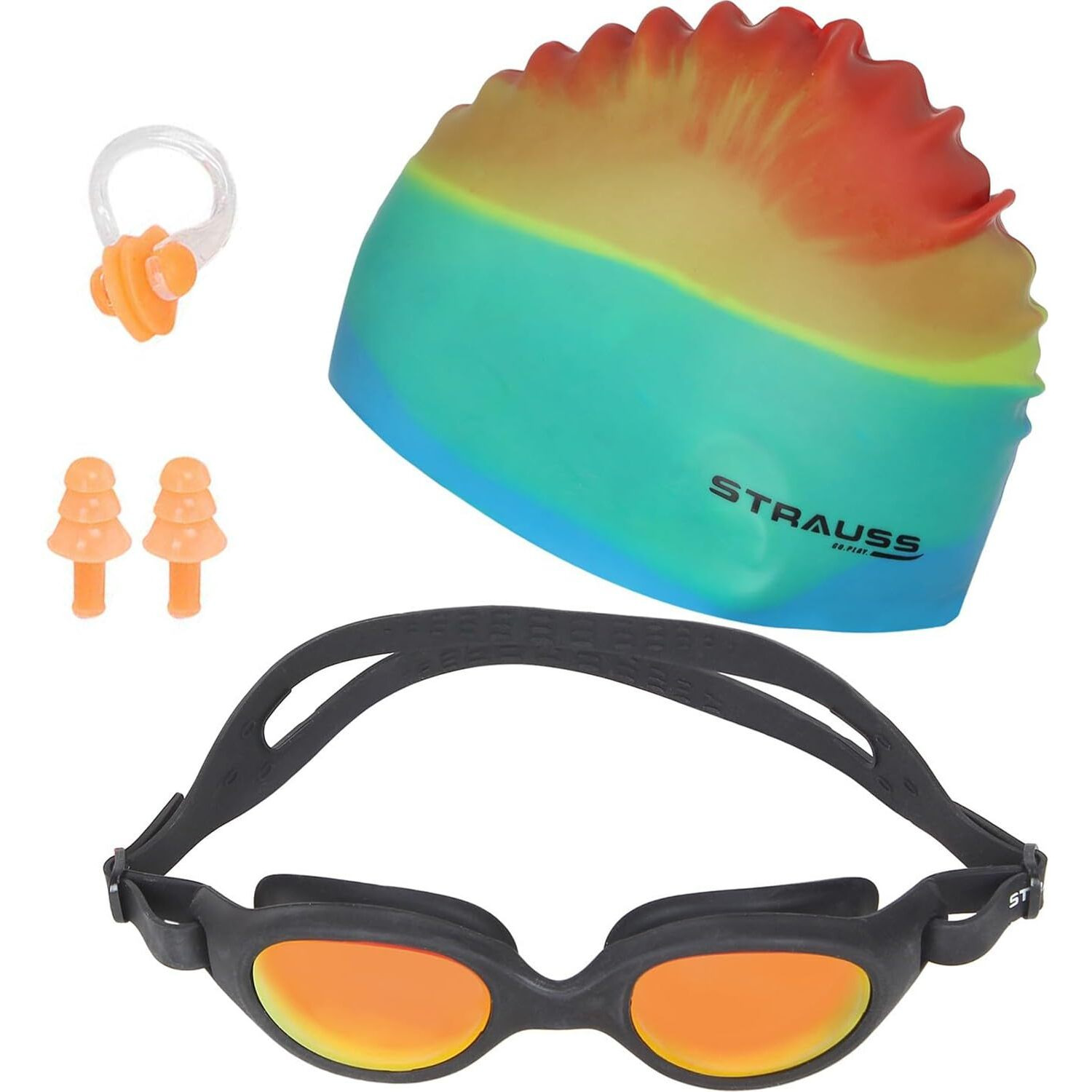 STRAUSS Swimming Set with UV and Anti Fog Protection Goggles, Swim Cap, Earplug and Nose Plug Set - Suitable Swimming Kit for All Age Group | Fully Adjustable | (Multicolor Yellow)