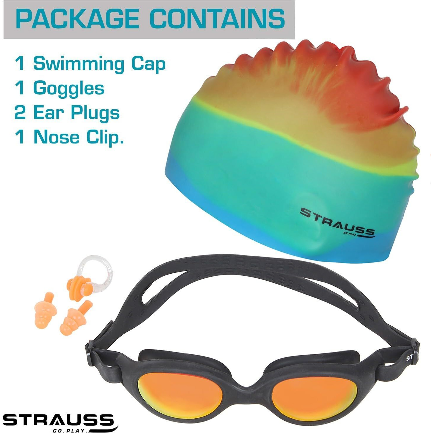 STRAUSS Swimming Set with UV and Anti Fog Protection Goggles, Swim Cap, Earplug and Nose Plug Set - Suitable Swimming Kit for All Age Group | Fully Adjustable | (Multicolor Yellow)