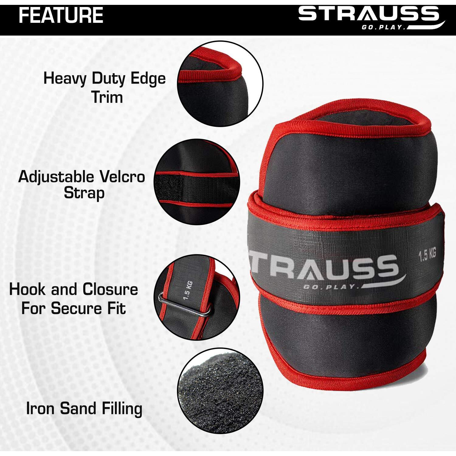 Strauss Ankle Weights for Exercise & Fitness|Adjustable Round Belt Design|Leg Weights for Strength Training,Walking Running, Jogging,Exercise & Gym Workout|Comfortable & Durable |1.5Kg(Each)(Red Pair)