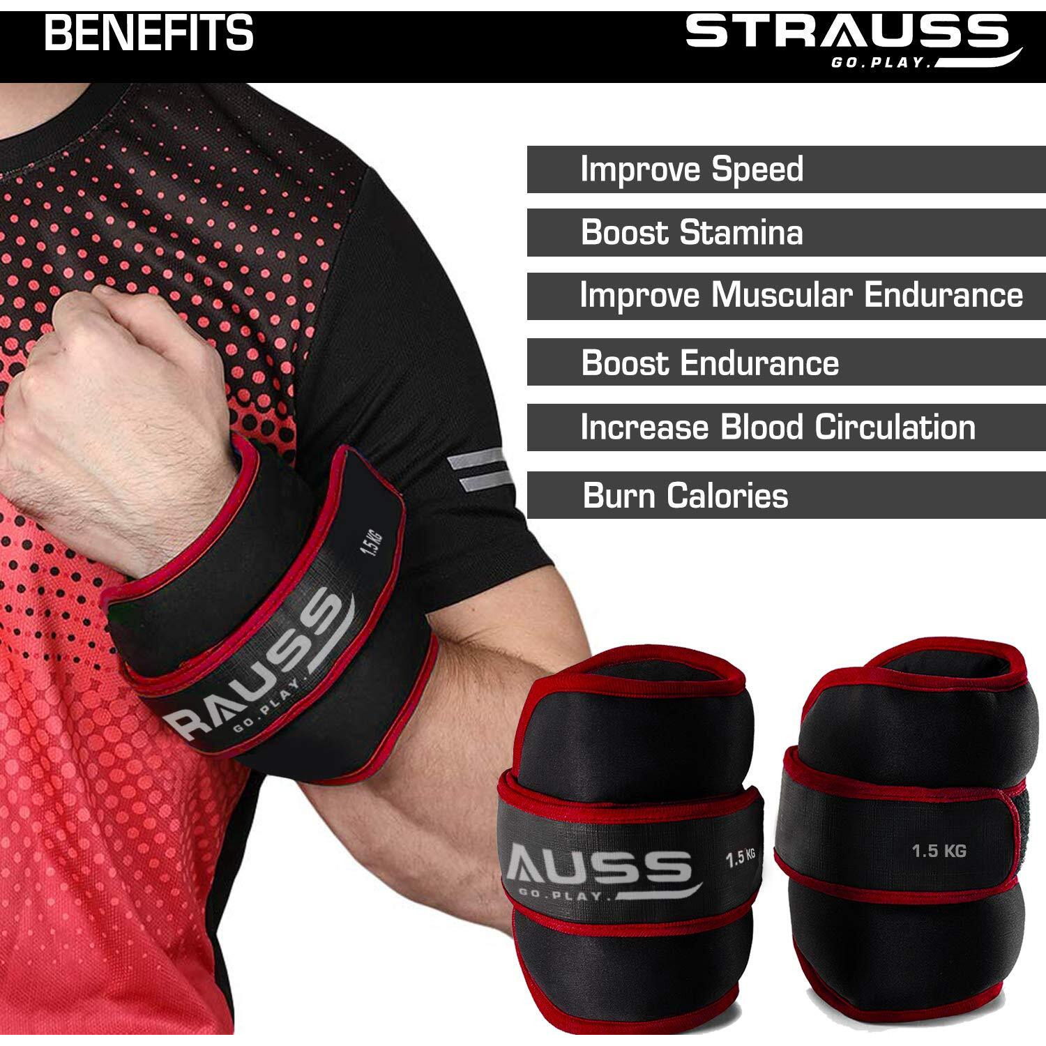 Strauss Ankle Weights for Exercise & Fitness|Adjustable Round Belt Design|Leg Weights for Strength Training,Walking Running, Jogging,Exercise & Gym Workout|Comfortable & Durable |1.5Kg(Each)(Red Pair)