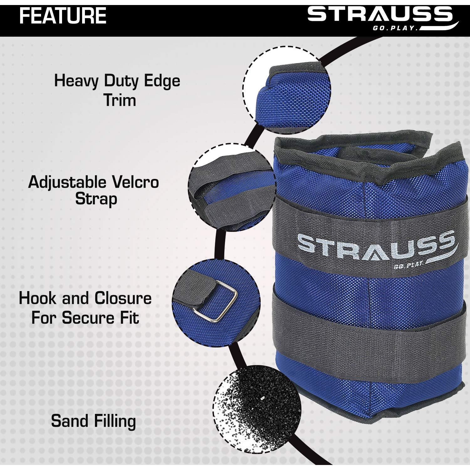Strauss Adjustable Ankle Wrist Weights 2.5 KG X 2 | Ideal for Walking, Running, Jogging, Cycling, Gym, Workout & Strength Training | Easy to Use on Ankle, Wrist, Leg, (Blue)