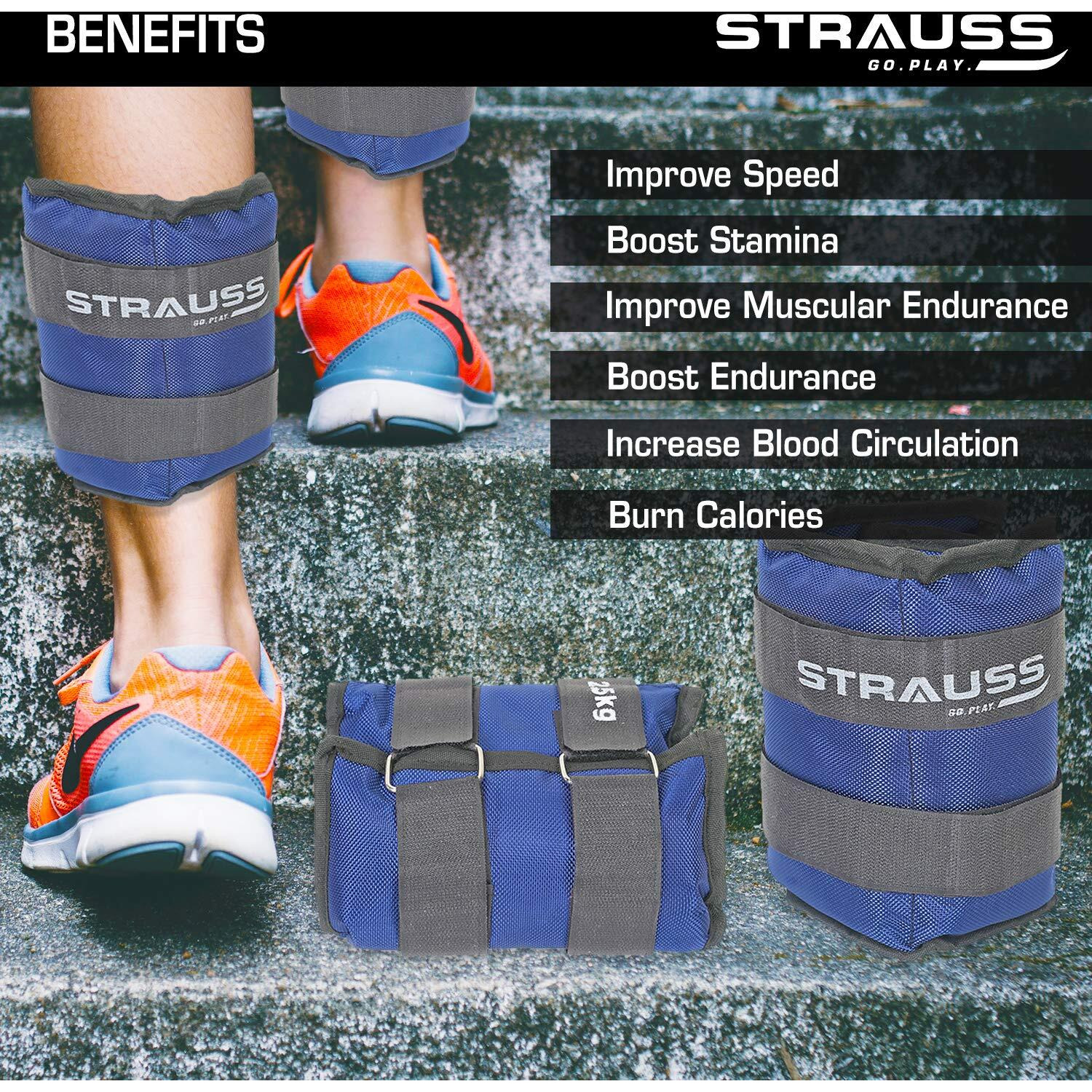 Strauss Adjustable Ankle Wrist Weights 2.5 KG X 2 | Ideal for Walking, Running, Jogging, Cycling, Gym, Workout & Strength Training | Easy to Use on Ankle, Wrist, Leg, (Blue)