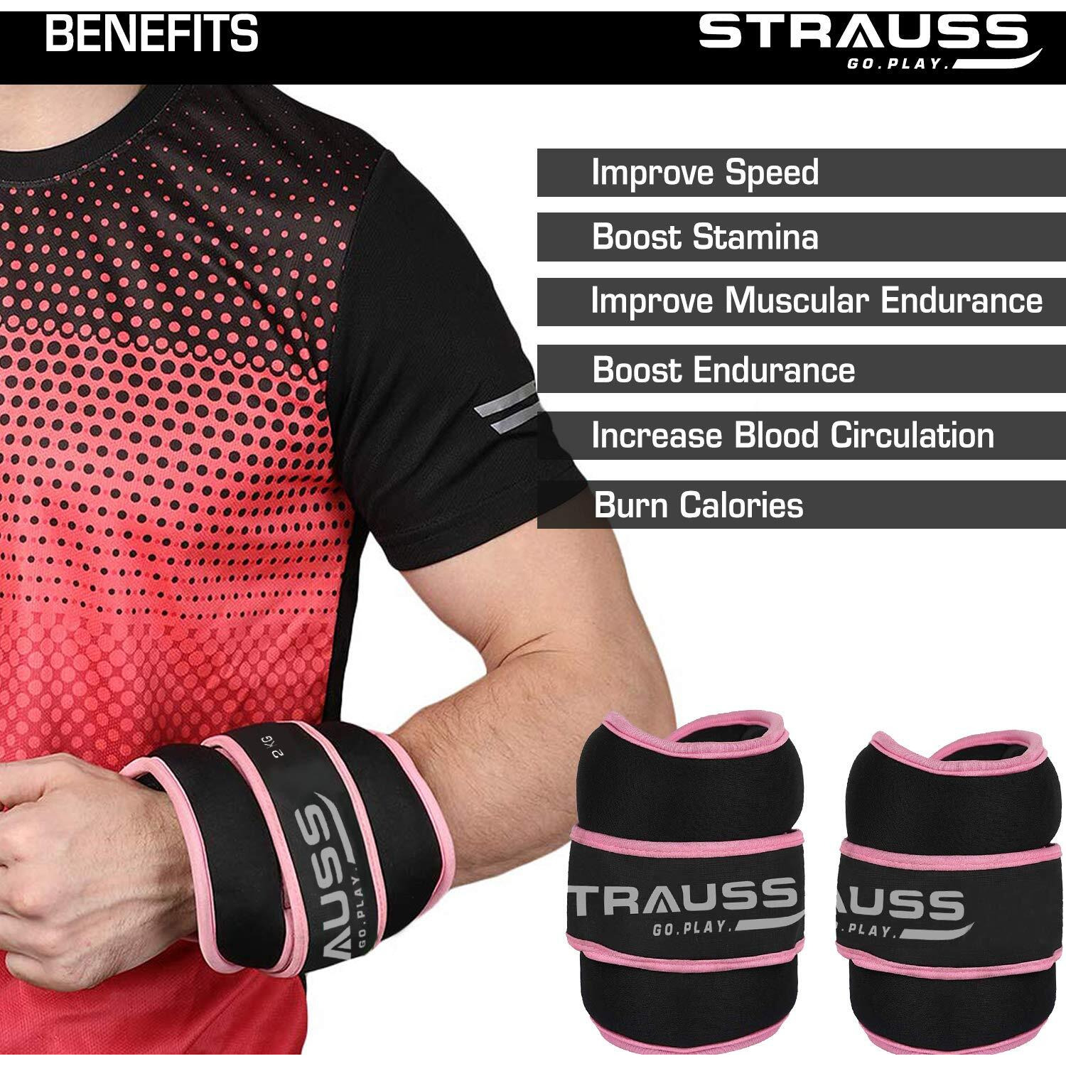 Strauss Ankle Weights for Exercise & Fitness |Adjustable Round Belt Design |Leg Weights for Strength Training,Walking Running, Jogging,Exercise & Gym Workout| Comfortable & Durable | (2 Kg Pink Pair)