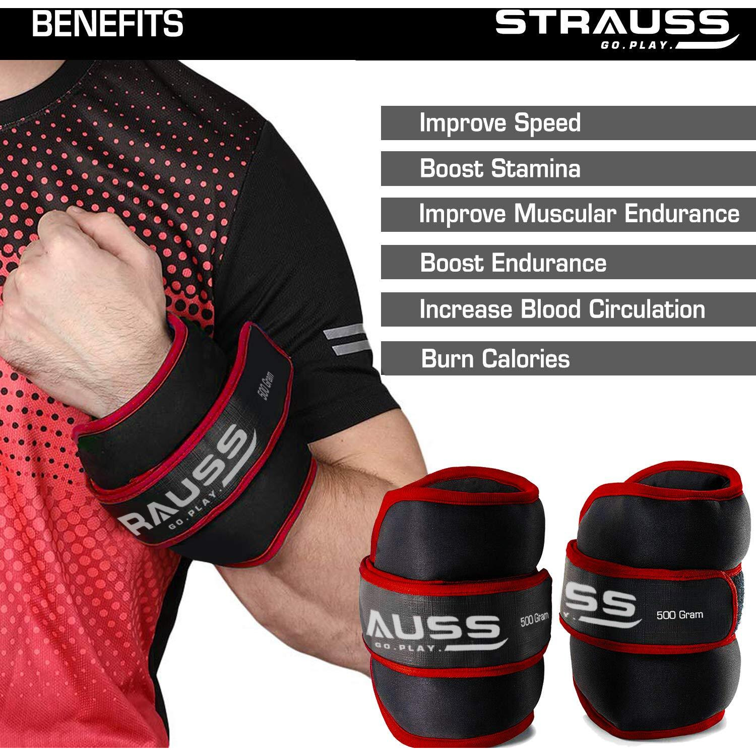 Strauss Ankle Weights for Exercise & Fitness|Adjustable Round Belt Design |Leg Weights for Strength Training, Walking Running, Jogging,Exercise & Gym Workout| Comfortable & Durable | (0.5 Kg Red Pair)