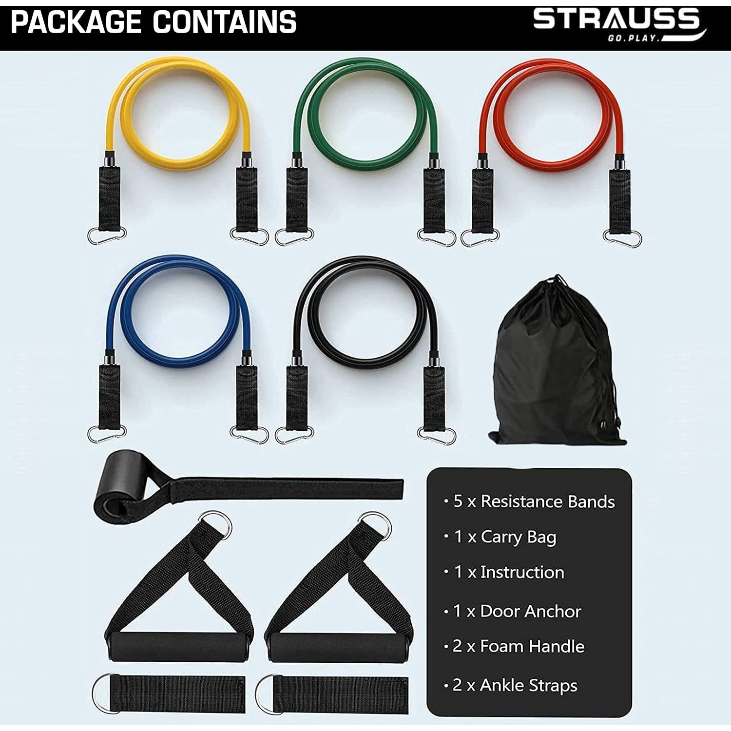 Strauss Latex Resistance Tubes with Door Anchor, Handles, Waterproof Carry Bag, Legs Ankle Straps | Ideal For Resistance Training & Physical Therapy | Exercise Bands For Gym & Home Workouts | Set Of 5