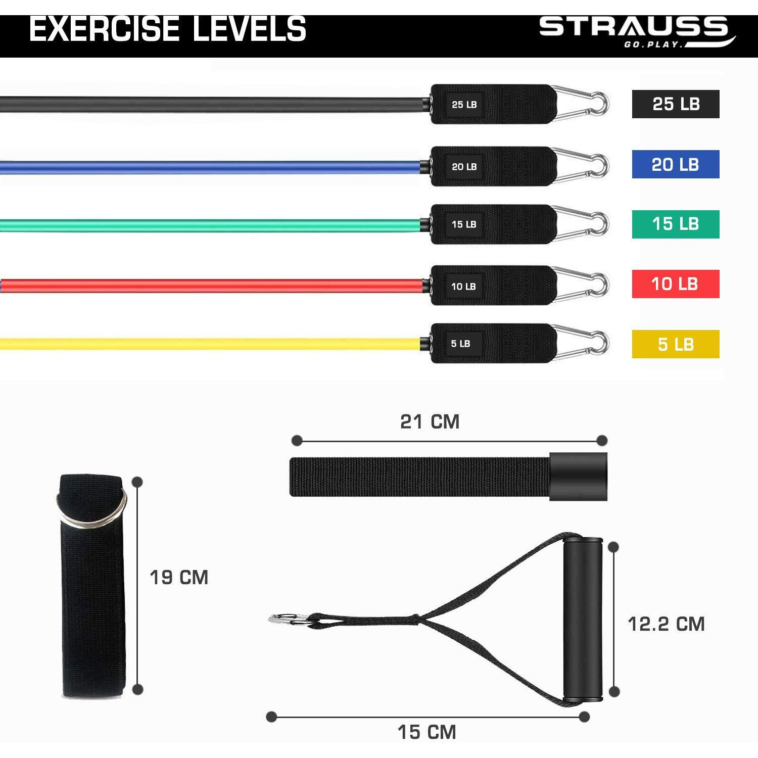Strauss Latex Resistance Tubes with Door Anchor, Handles, Waterproof Carry Bag, Legs Ankle Straps | Ideal For Resistance Training & Physical Therapy | Exercise Bands For Gym & Home Workouts | Set Of 5