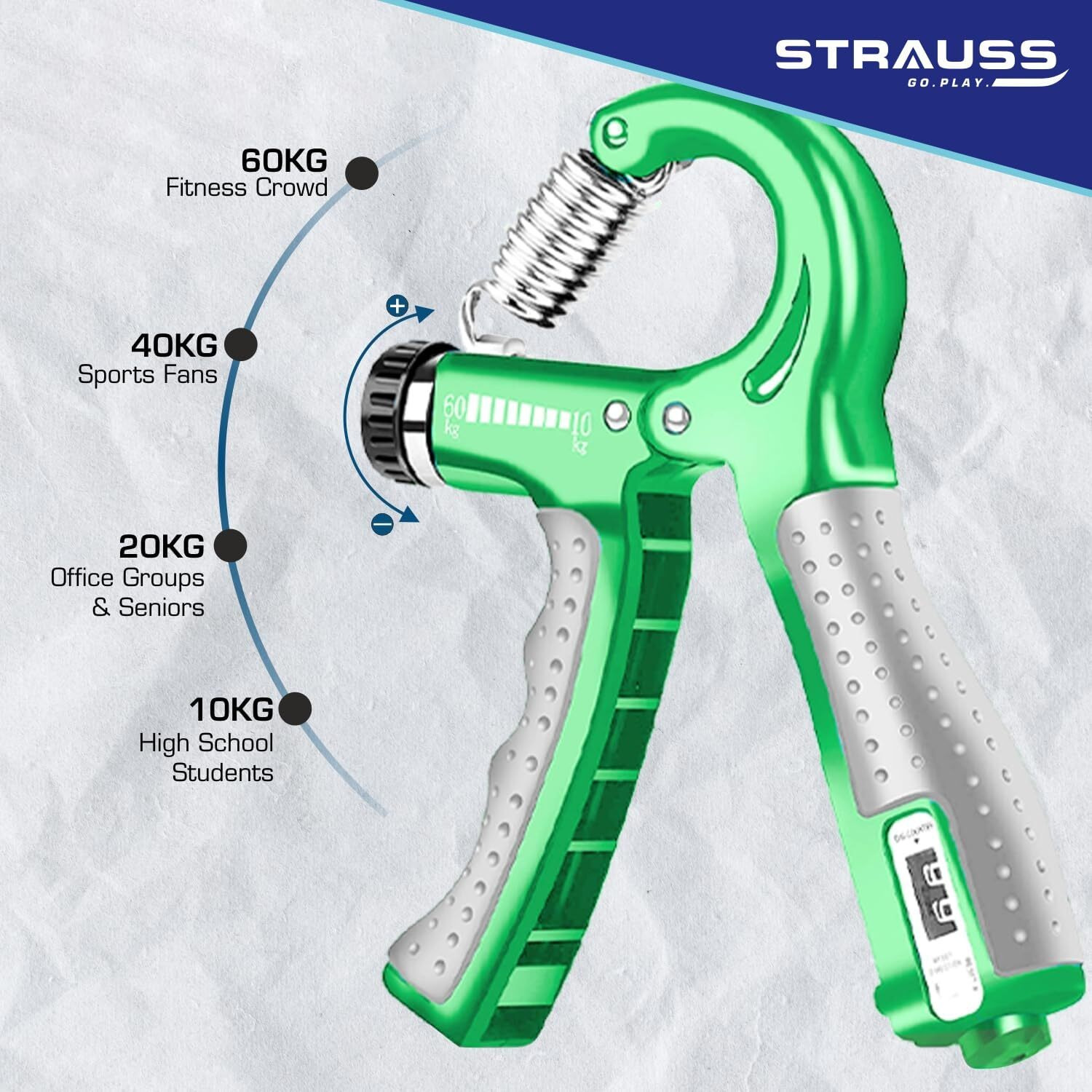 Strauss Adjustable Hand Grip with Smart Counter | Adjustable Resistance (10KG - 60KG) | Hand Gripper for Home & Gym Workouts | Perfect for Finger & Forearm Hand Exercises for Men & Women (Green)