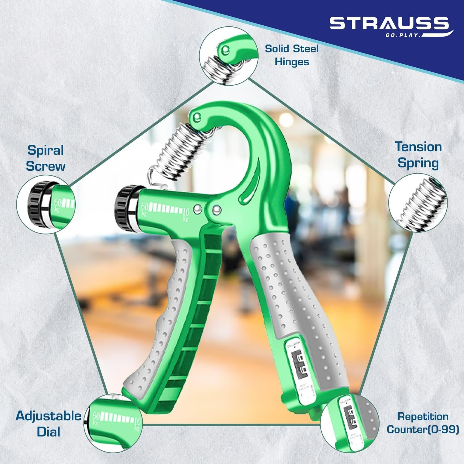 Strauss Adjustable Hand Grip with Smart Counter | Adjustable Resistance (10KG - 60KG) | Hand Gripper for Home & Gym Workouts | Perfect for Finger & Forearm Hand Exercises for Men & Women (Green)