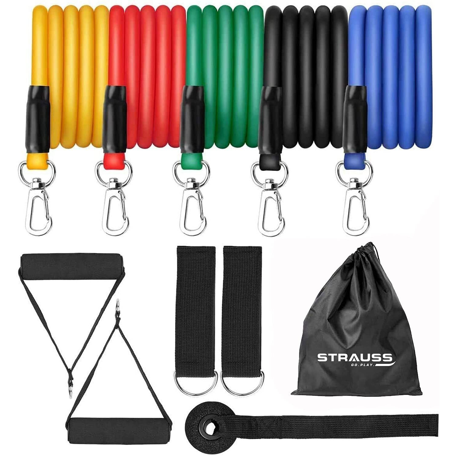 Strauss TPE Resistance Tubes with Door Anchor, Handles, Waterproof Carry Bag, Legs Ankle Straps | Ideal for Resistance Training & Physical Therapy | Exercise Bands for Gym & Home Workouts | Set of 5