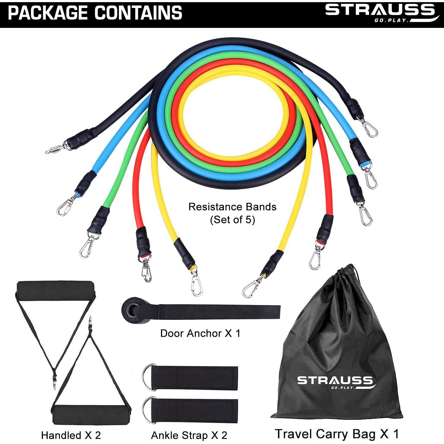 Strauss TPE Resistance Tubes with Door Anchor, Handles, Waterproof Carry Bag, Legs Ankle Straps | Ideal for Resistance Training & Physical Therapy | Exercise Bands for Gym & Home Workouts | Set of 5