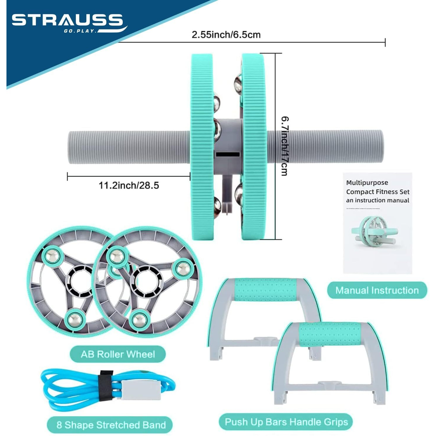 Strauss Multi-Purpose Ab Roller with Push Up Bar & Resistance Tube | Abdominal Exercise Machine and Plank Roller | All In One Abdominal Wheel for Core Training, Push-Ups, Pull-Ups, Squats, Glutes & Core Workout, (Blue)