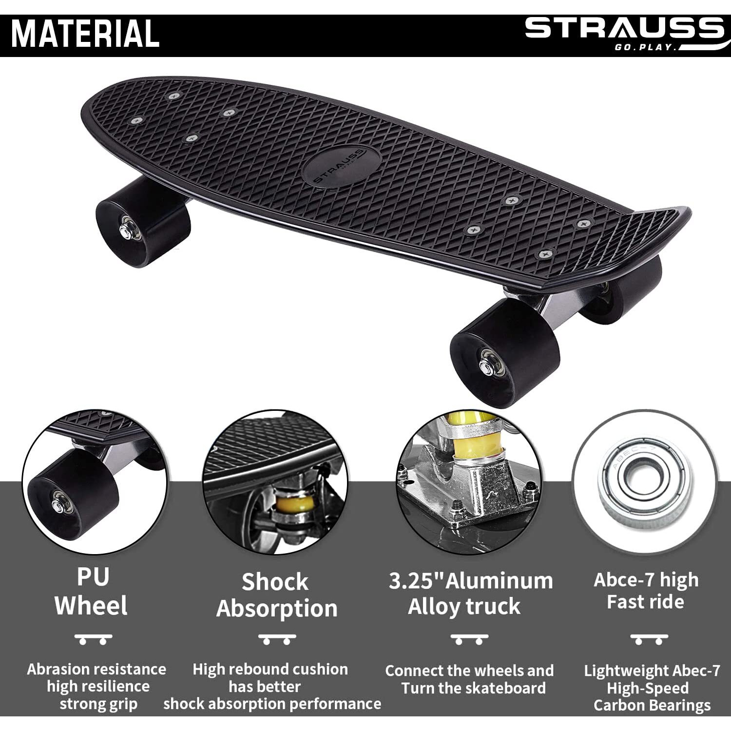 STRAUSS Cruiser PW Skateboard| Penny Skateboard | Casterboard | Hoverboard | Anti-Skid Board with ABEC-7 High Precision Bearings | Ideal for 8 Years and above | 22 X 6 Inch,(Black)