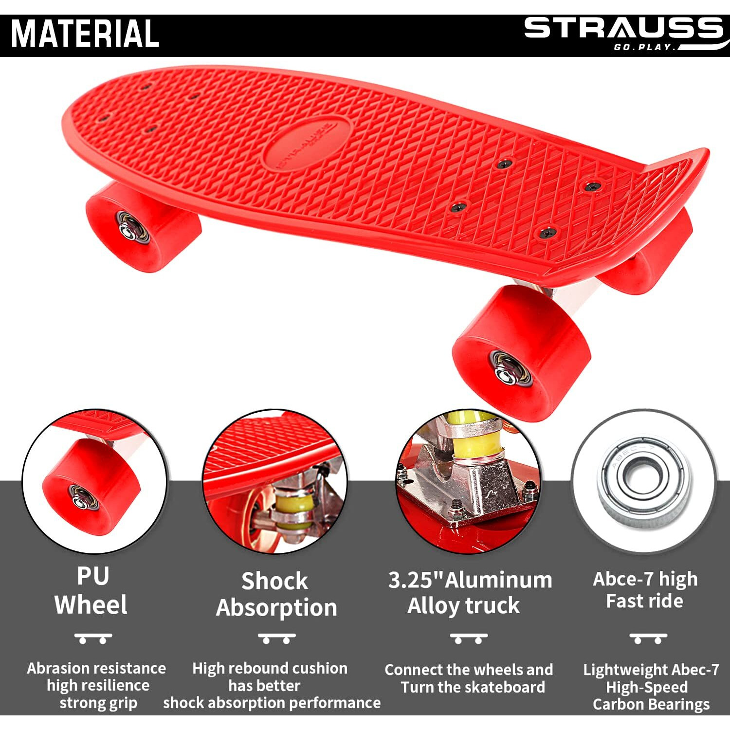 STRAUSS Cruiser PW Skateboard| Penny Skateboard | Casterboard | Hoverboard | Anti-Skid Board with ABEC-7 High Precision Bearings | PU Wheel with Light |Ideal for 8 Years and above | 22 X 6 Inch,(Red)