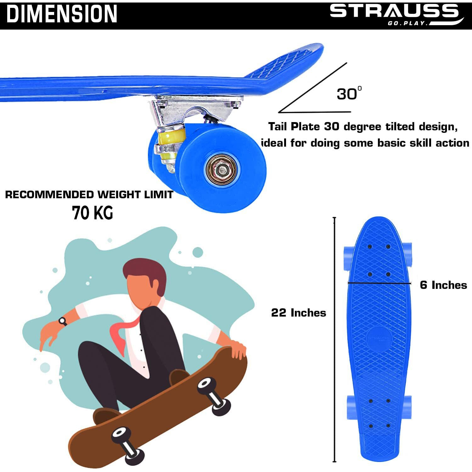 STRAUSS Cruiser PW Skateboard| Penny Skateboard | Casterboard | Hoverboard | Anti-Skid Board with ABEC-7 High Precision Bearings | Ideal for 8 Years and above | 22 X 6 Inch,(Blue)