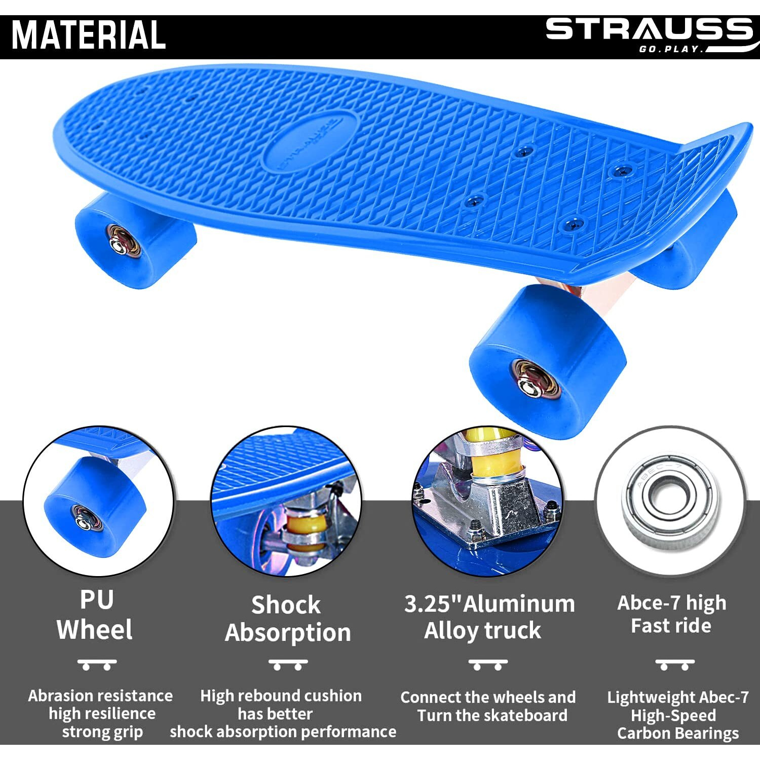 STRAUSS Cruiser PW Skateboard| Penny Skateboard | Casterboard | Hoverboard | Anti-Skid Board with ABEC-7 High Precision Bearings | Ideal for 8 Years and above | 22 X 6 Inch,(Blue)