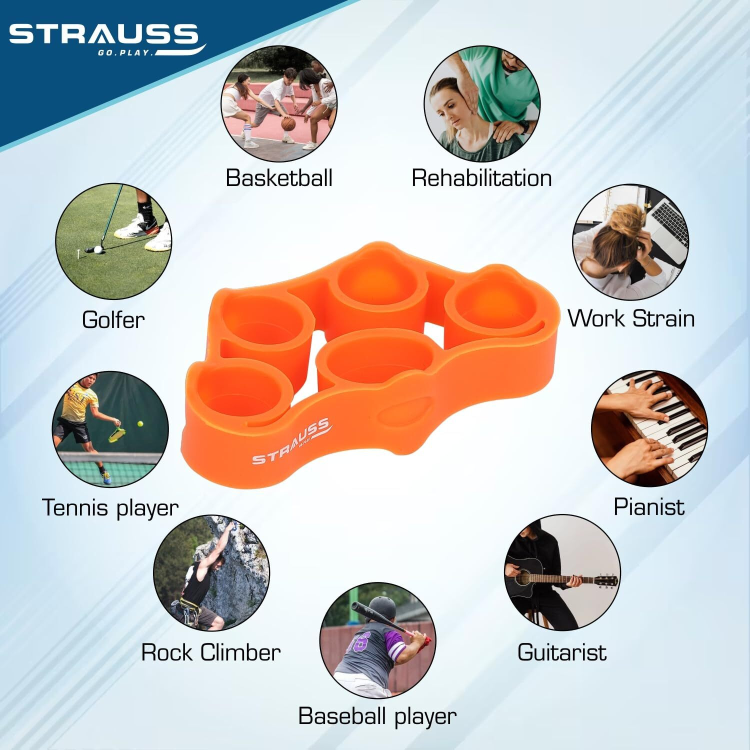 Strauss Silicon Palm Hand Grip Exerciser | Hand Strengthener for Carpal Tunnel Relief and Grip Strength | Silicone Finger Gripper and Finger Stretcher | Ideal For All Skill Levels | Set of 2, (Orange)