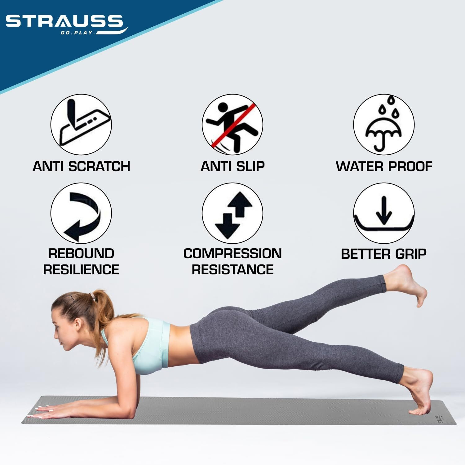 STRAUSS Anti Skid EVA Yoga Mat with Carry Bag, Non-Slip Exercise Mat for Home & Gym | Lightweight & Durable Workout Mat | Ideal for Yoga, Pilates, Fitness | Ideal for Men & Women, 8mm, (Grey)