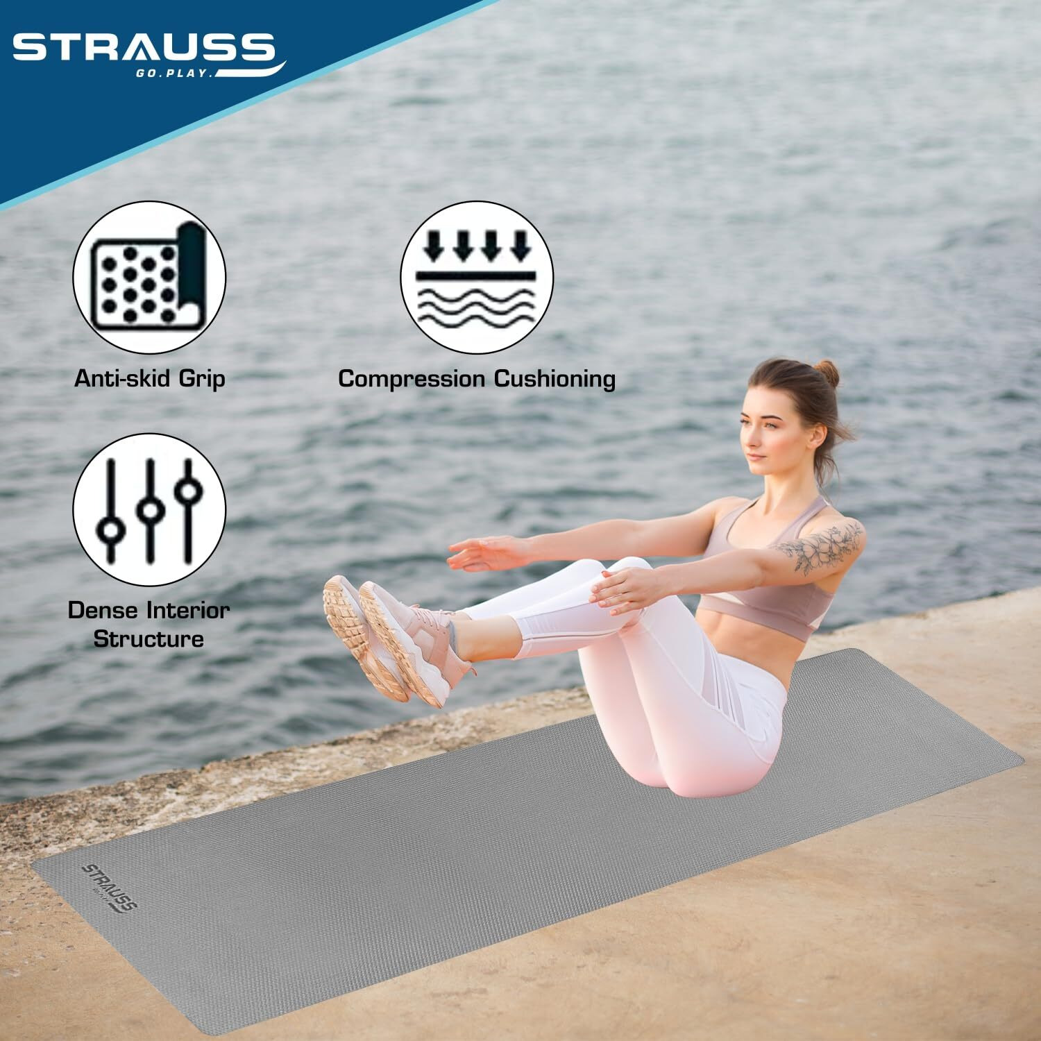 STRAUSS Anti Skid EVA Yoga Mat with Carry Bag, Non-Slip Exercise Mat for Home & Gym | Lightweight & Durable Workout Mat | Ideal for Yoga, Pilates, Fitness | Ideal for Men & Women, 8mm, (Grey)
