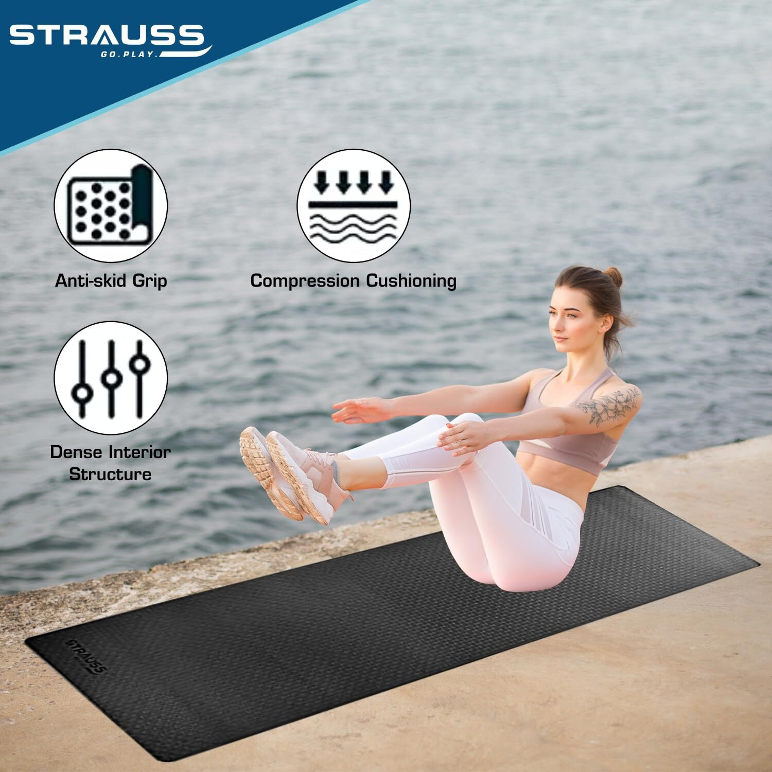 STRAUSS TPE Dual Layer Yoga Mat| Exercise Mat for Yoga,Pilates & Gym| Lightweight & Eco-Friendly Material | Yoga Mat for Women and Men |Ideal for Home Gym Workout |Includes Carry Strap | 4MM,(Black)