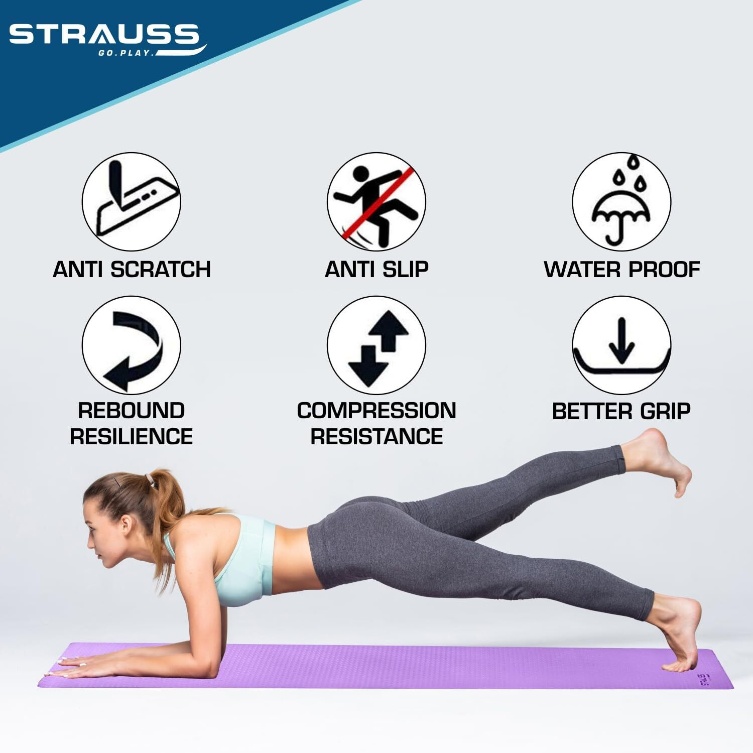 Strauss TPE Yoga Mat | Exercise Mat For Home Workout, Gym and Yoga Sessions | Anti Slip Gym Mat | Workout Mat For Men, Women and Kids | Yoga Mat With Carry Strap | Thickness 6MM,(Purple)