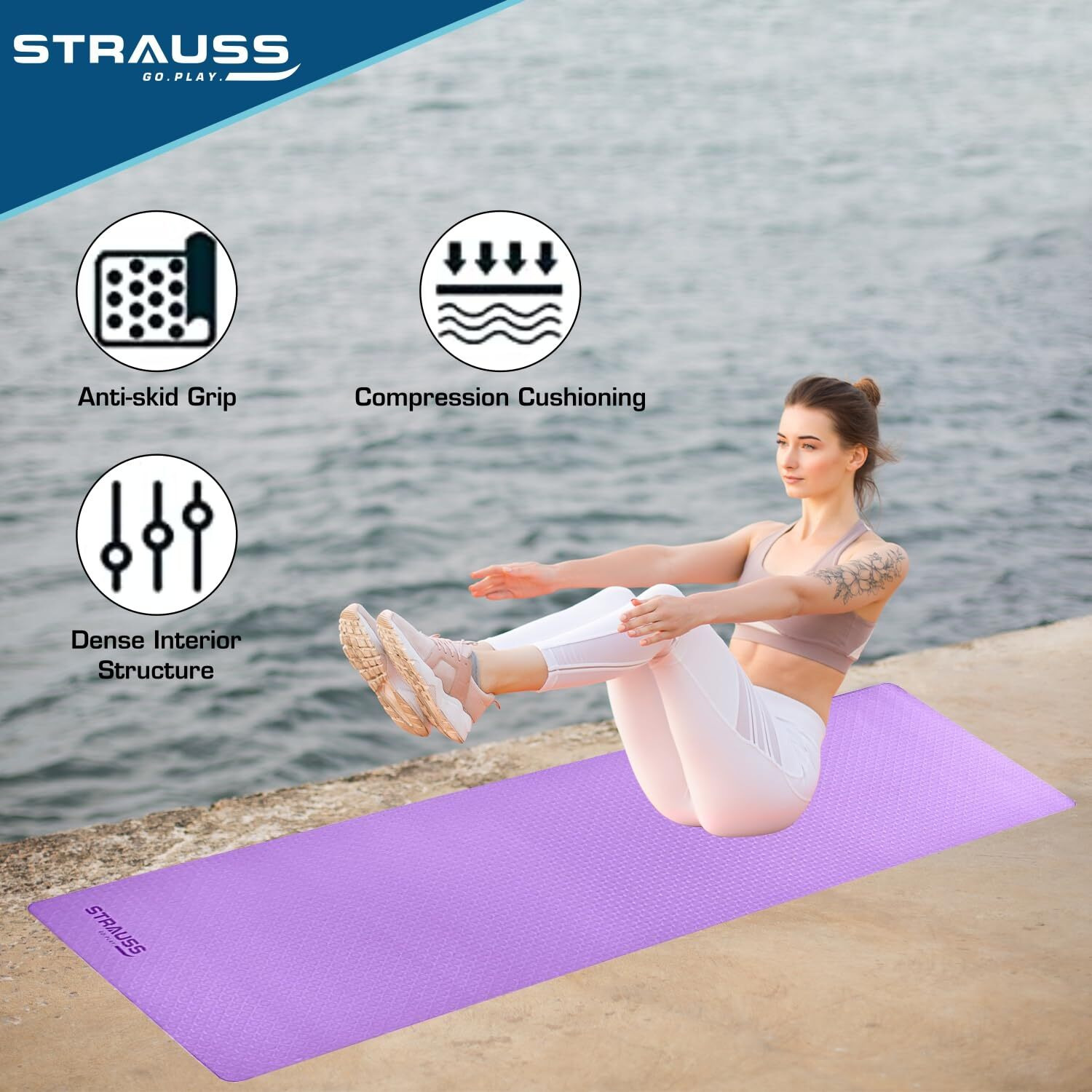 Strauss TPE Yoga Mat | Exercise Mat For Home Workout, Gym and Yoga Sessions | Anti Slip Gym Mat | Workout Mat For Men, Women and Kids | Yoga Mat With Carry Strap | Thickness 6MM,(Purple)