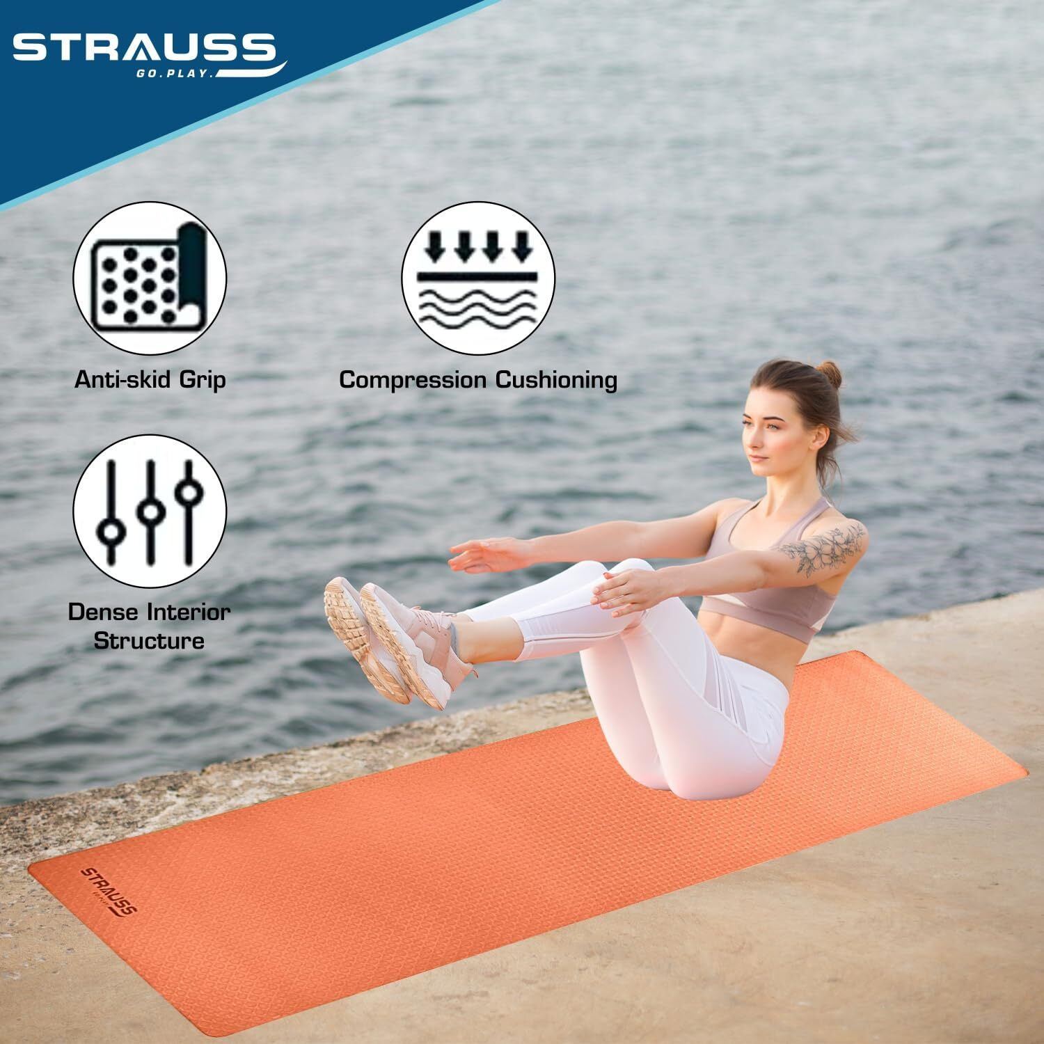Strauss TPE Yoga Mat | Exercise Mat For Home Workout, Gym and Yoga Sessions | Anti Slip Gym Mat | Workout Mat For Men, Women and Kids | Yoga Mat With Carry Strap | Thickness 4MM,(Orange)