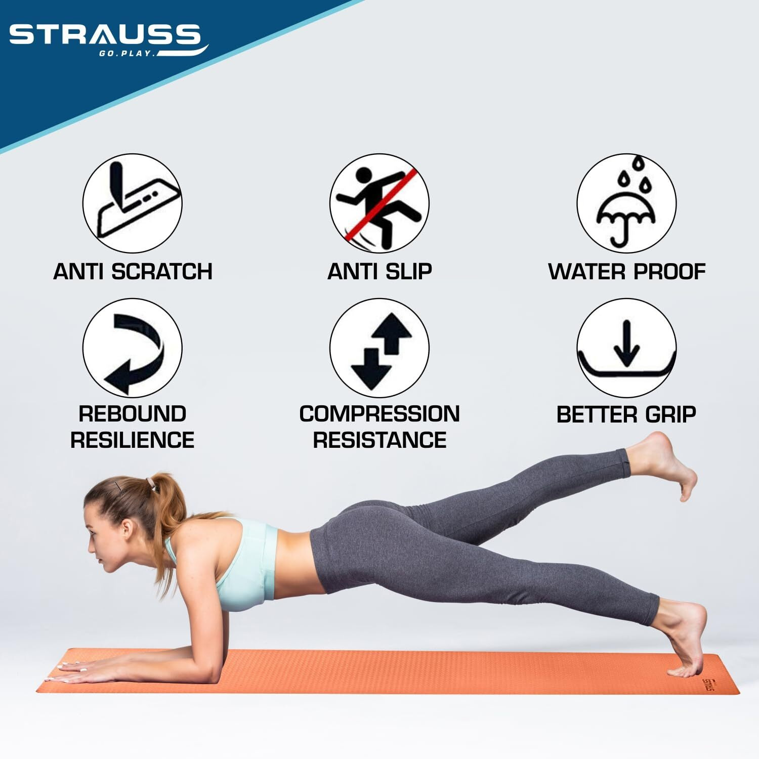 Strauss TPE Yoga Mat | Exercise Mat For Home Workout, Gym and Yoga Sessions | Anti Slip Gym Mat | Workout Mat For Men, Women and Kids | Yoga Mat With Carry Strap | Thickness 8MM,(Orange)