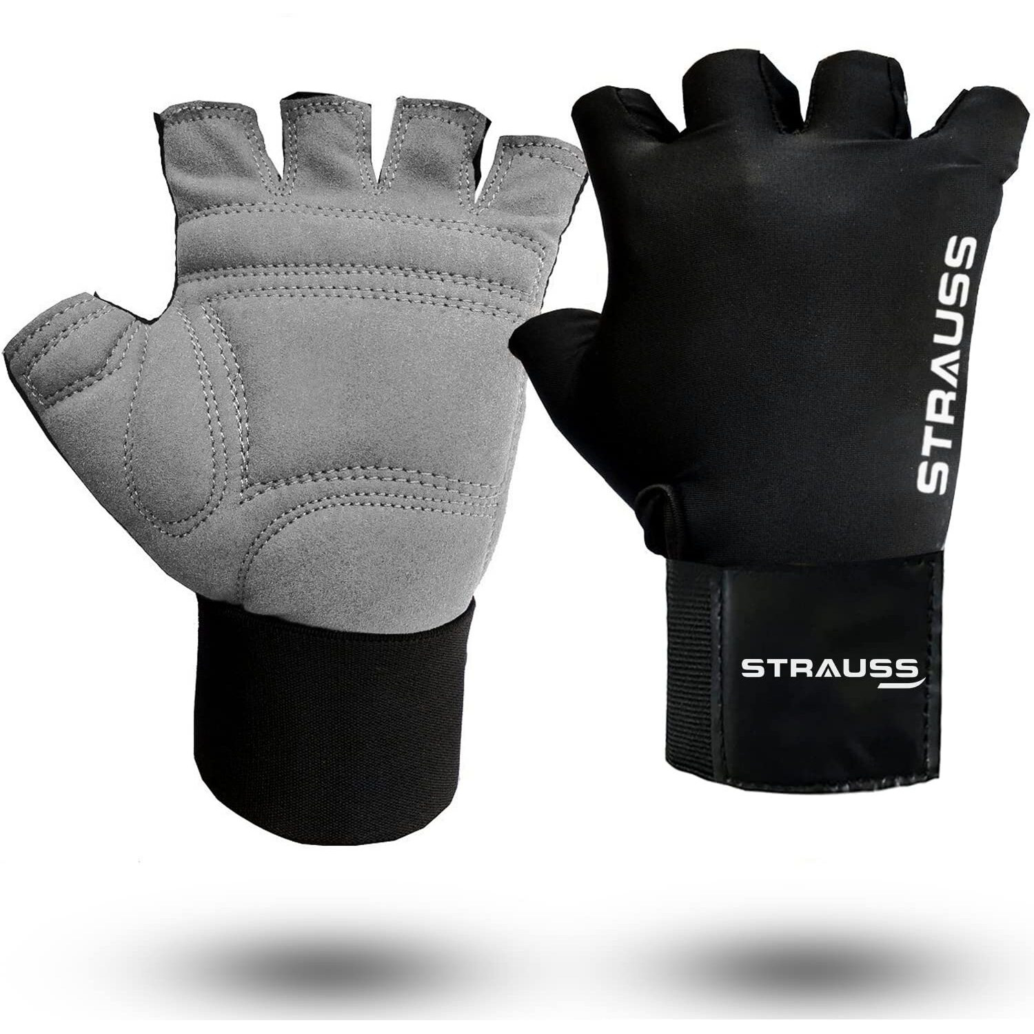Strauss Suede Gym Gloves for Weightlifting, Training, Cycling, Exercise & Gym | Half Finger Design, 8mm Foam Cushioning, Anti-Slip & Breathable Lycra Material, (Grey Black), (Large)