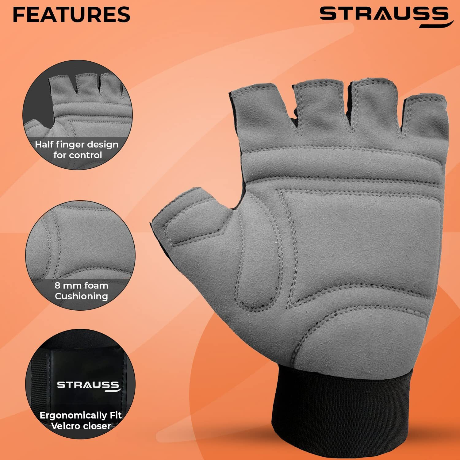 Strauss Suede Gym Gloves for Weightlifting, Training, Cycling, Exercise & Gym | Half Finger Design, 8mm Foam Cushioning, Anti-Slip & Breathable Lycra Material, (Grey Black), (Large)