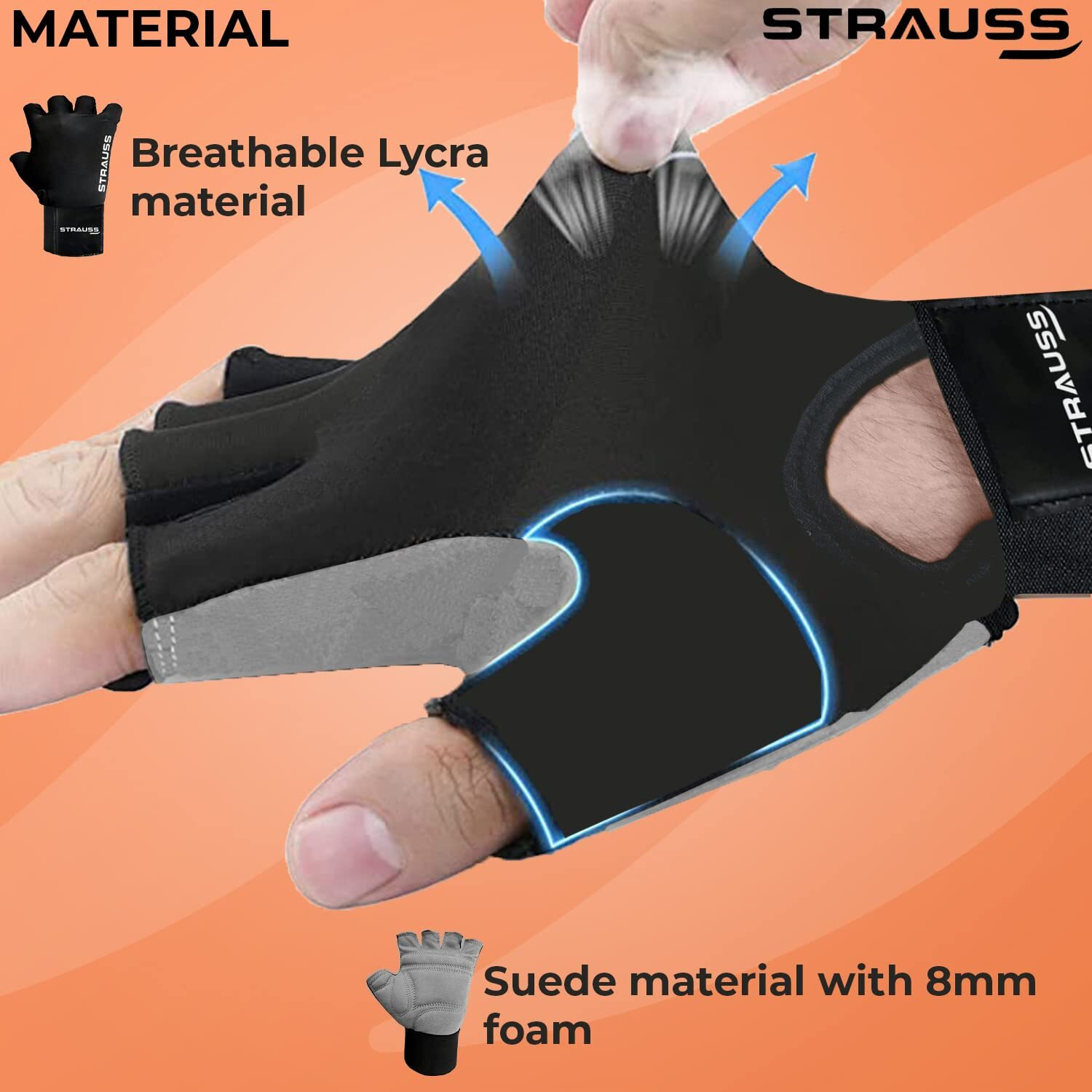 Strauss Suede Gym Gloves for Weightlifting, Training, Cycling, Exercise & Gym | Half Finger Design, 8mm Foam Cushioning, Anti-Slip & Breathable Lycra Material, (Grey Black), (Large)