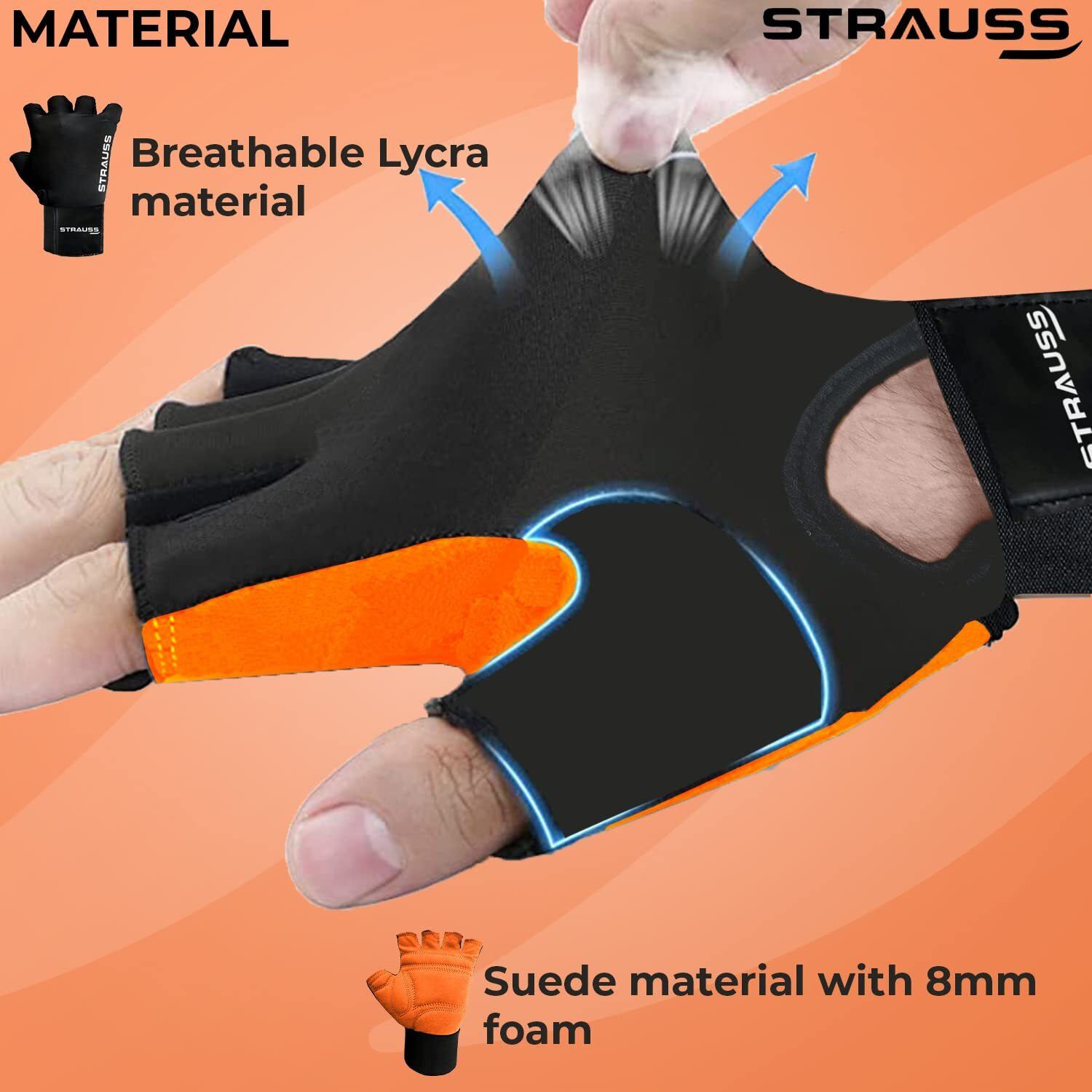 STRAUSS Suede Gym Gloves for Weightlifting, Training, Cycling, Exercise & Gym | Half Finger Design, 8mm Foam Cushioning, Anti-Slip & Breathable Material, (Black), (Extra Large)