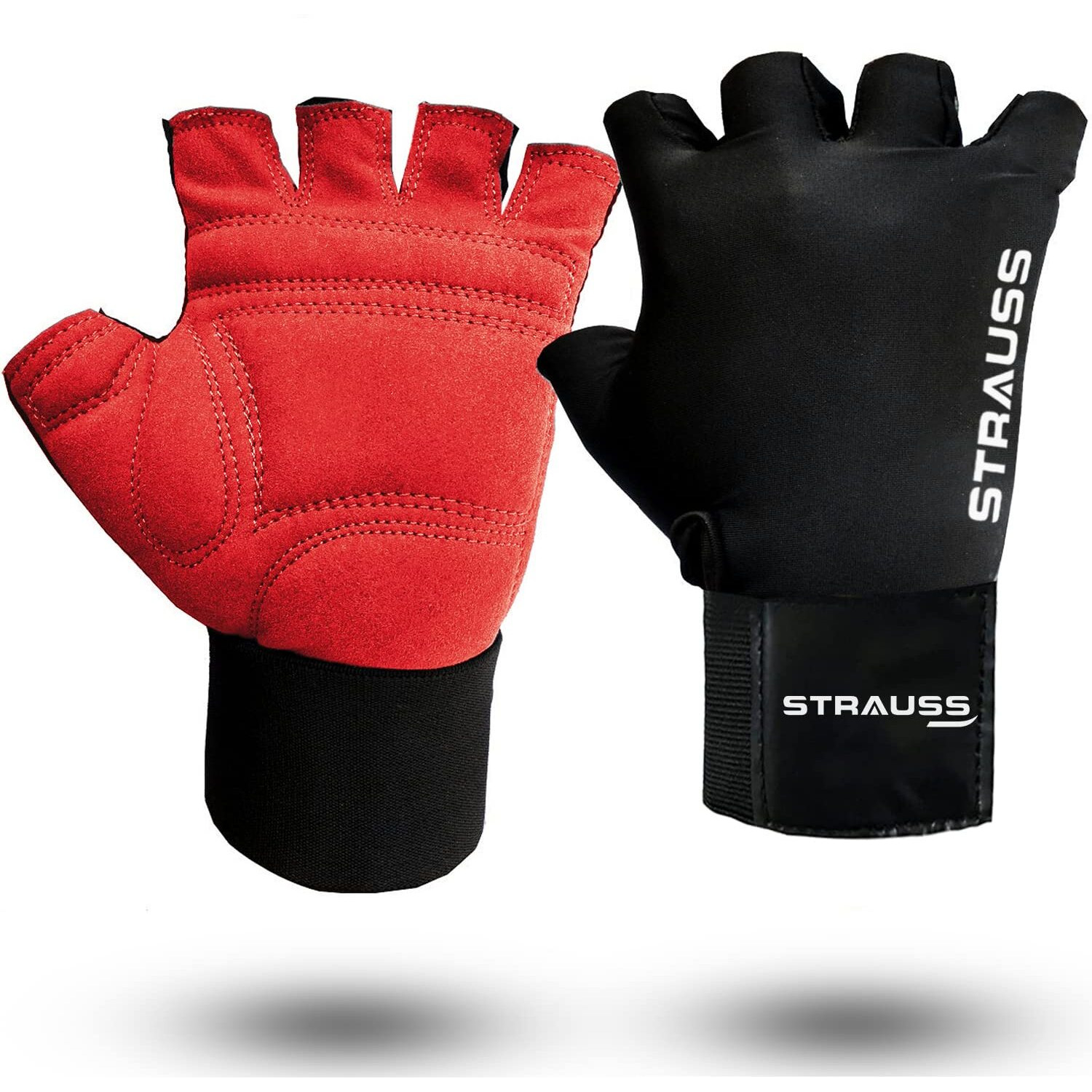 Strauss Suede Gym Gloves for Weightlifting, Training, Cycling, Exercise & Gym | Half Finger Design, 8mm Foam Cushioning, Anti-Slip & Breathable Lycra Material, (Red Black), (Large)