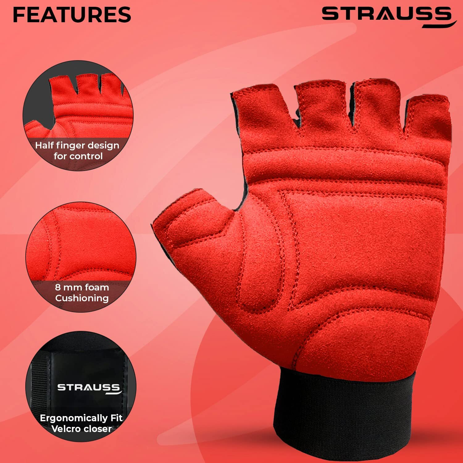 Strauss Suede Gym Gloves for Weightlifting, Training, Cycling, Exercise & Gym | Half Finger Design, 8mm Foam Cushioning, Anti-Slip & Breathable Lycra Material, (Red Black), (Large)