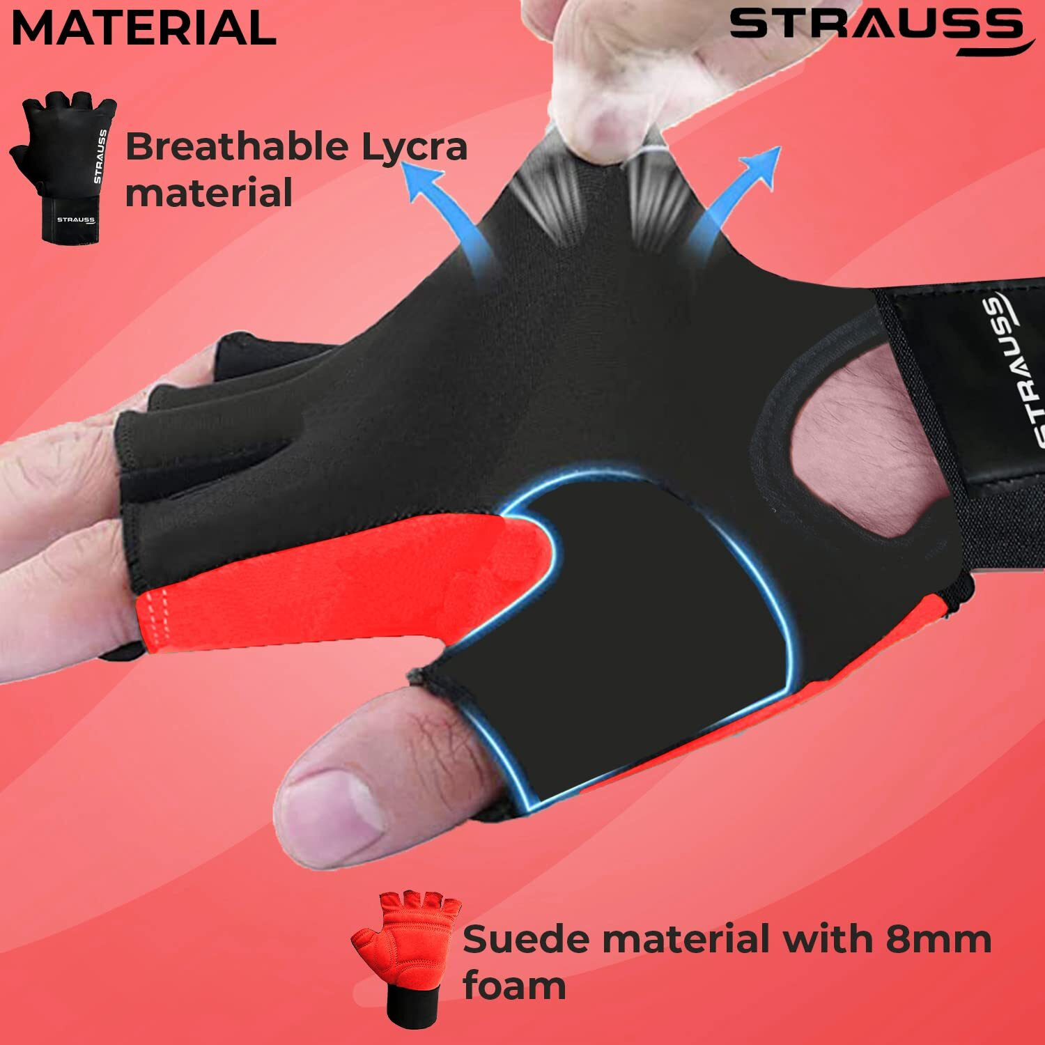 Strauss Suede Gym Gloves for Weightlifting, Training, Cycling, Exercise & Gym | Half Finger Design, 8mm Foam Cushioning, Anti-Slip & Breathable Lycra Material, (Red Black), (Large)