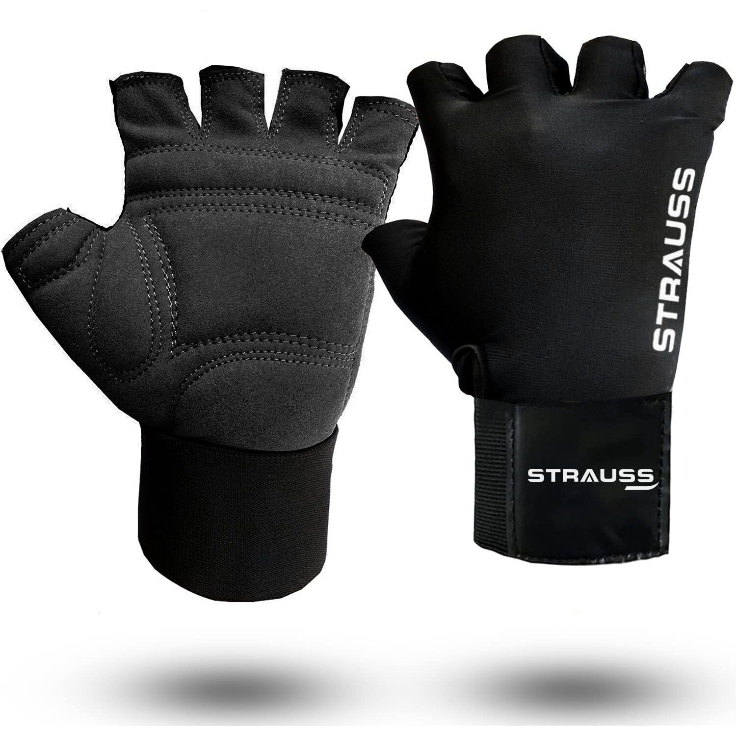 Strauss Suede Gym Gloves for Weightlifting, Training, Cycling, Exercise & Gym | Half Finger Design, 8mm Foam Cushioning, Anti-Slip & Breathable Lycra Material, (Black), (Extra Large)
