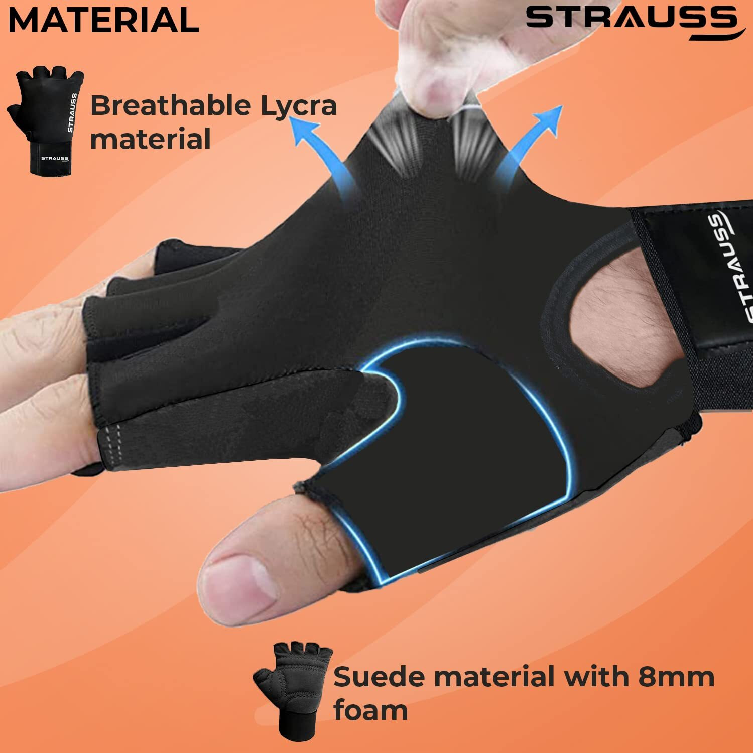 Strauss Suede Gym Gloves for Weightlifting, Training, Cycling, Exercise & Gym | Half Finger Design, 8mm Foam Cushioning, Anti-Slip & Breathable Lycra Material, (Black), (Extra Large)