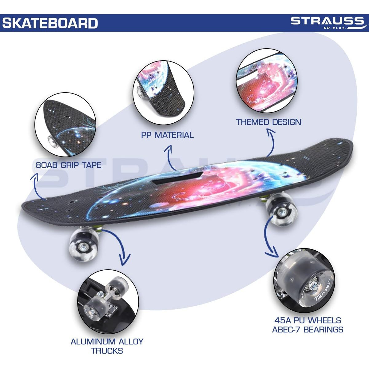 STRAUSS Plastic Cruiser Fishboard|Penny Skateboard|Casterboard|Anti-Skid Board with ABEC-7 High Precision Bearings|Pu Wheel with Light|Ideal for 8 Years and above (28x6 Inch),(Scorpio Black)