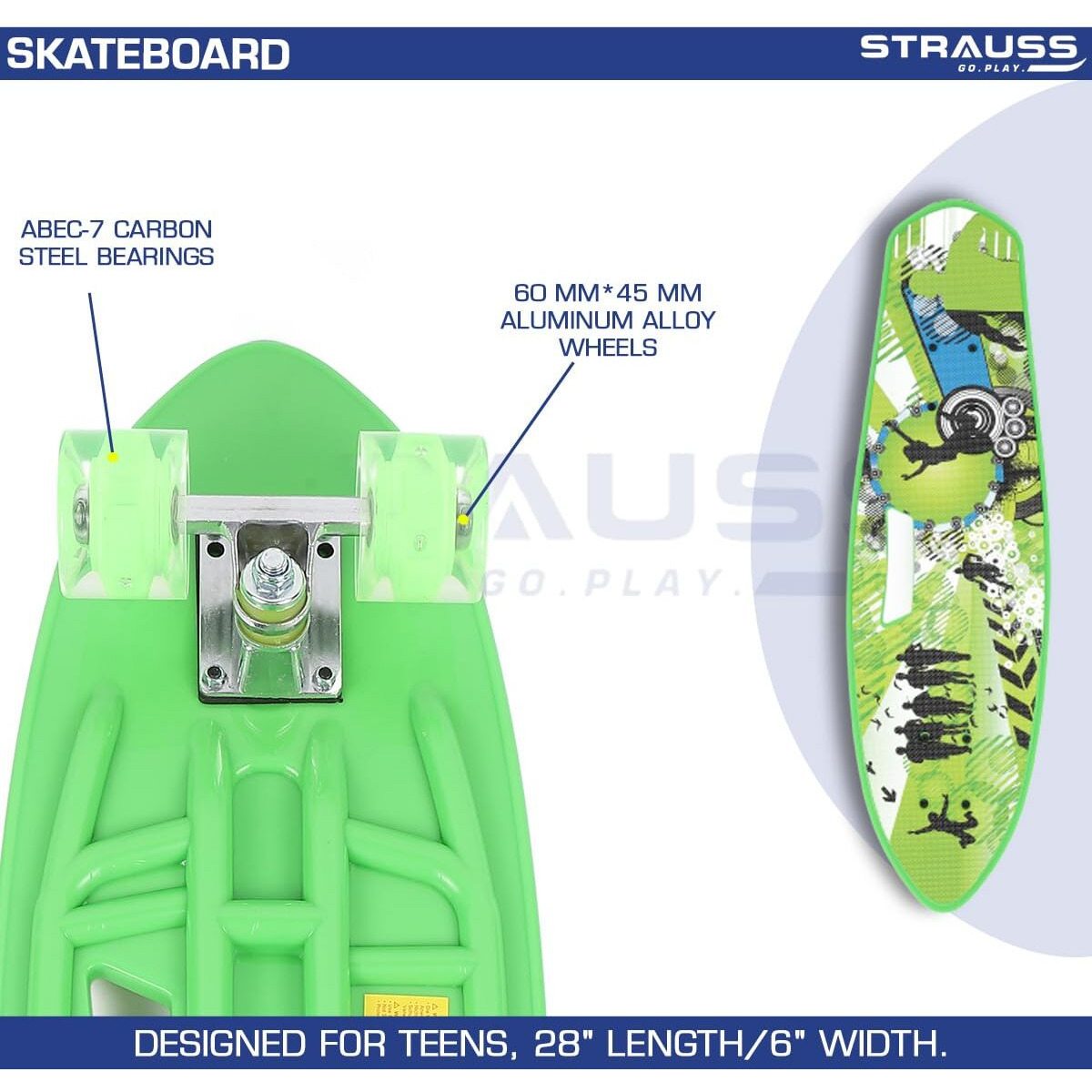 STRAUSS Cruiser Fishboard| Penny Skateboard| Casterboard| Anti-Skid Board with ABEC-7 High Precision Bearings| PU Wheel with Light| Ideal for 8 Years and above (28 X 6 Inch), (Vibrant Green)