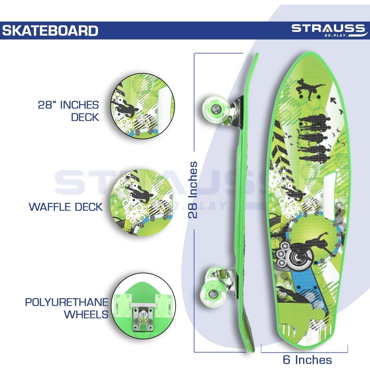 STRAUSS Cruiser Fishboard| Penny Skateboard| Casterboard| Anti-Skid Board with ABEC-7 High Precision Bearings| PU Wheel with Light| Ideal for 8 Years and above (28 X 6 Inch), (Vibrant Green)
