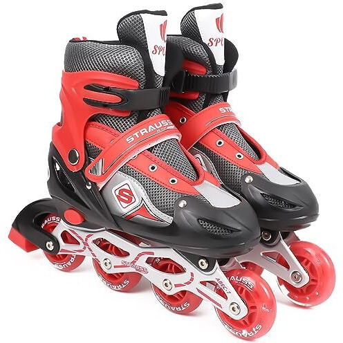 STRAUSS Vortex Adjustable Size Inline Skates | Skating Shoes for Boys & Girls | 4 Wheels |Beginner-Friendly Skating Shoe | Adjustable Roller Blades | Enhanced Stability and Support| Size M,(Red)