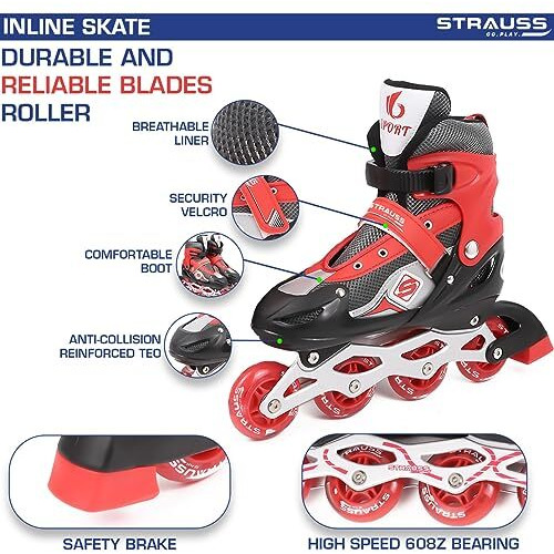 STRAUSS Vortex Adjustable Size Inline Skates | Skating Shoes for Boys & Girls | 4 Wheels |Beginner-Friendly Skating Shoe | Adjustable Roller Blades | Enhanced Stability and Support| Size M,(Red)