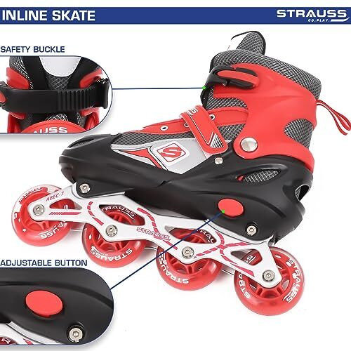 STRAUSS Vortex Adjustable Size Inline Skates | Skating Shoes for Boys & Girls | 4 Wheels |Beginner-Friendly Skating Shoe | Adjustable Roller Blades | Enhanced Stability and Support| Size M,(Red)
