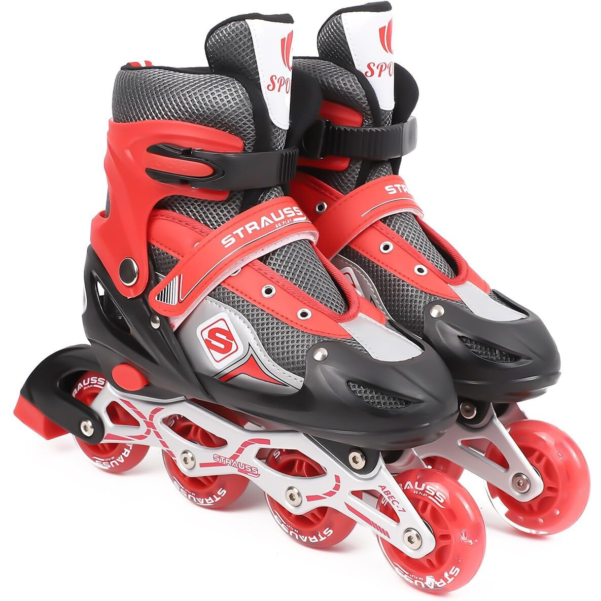 STRAUSS Vortex Adjustable Size Inline Skates | Skating Shoes for Boys & Girls | 4 Wheels |Beginner-Friendly Skating Shoe | Adjustable Roller Blades | Enhanced Stability and Support| Size L,(Red)