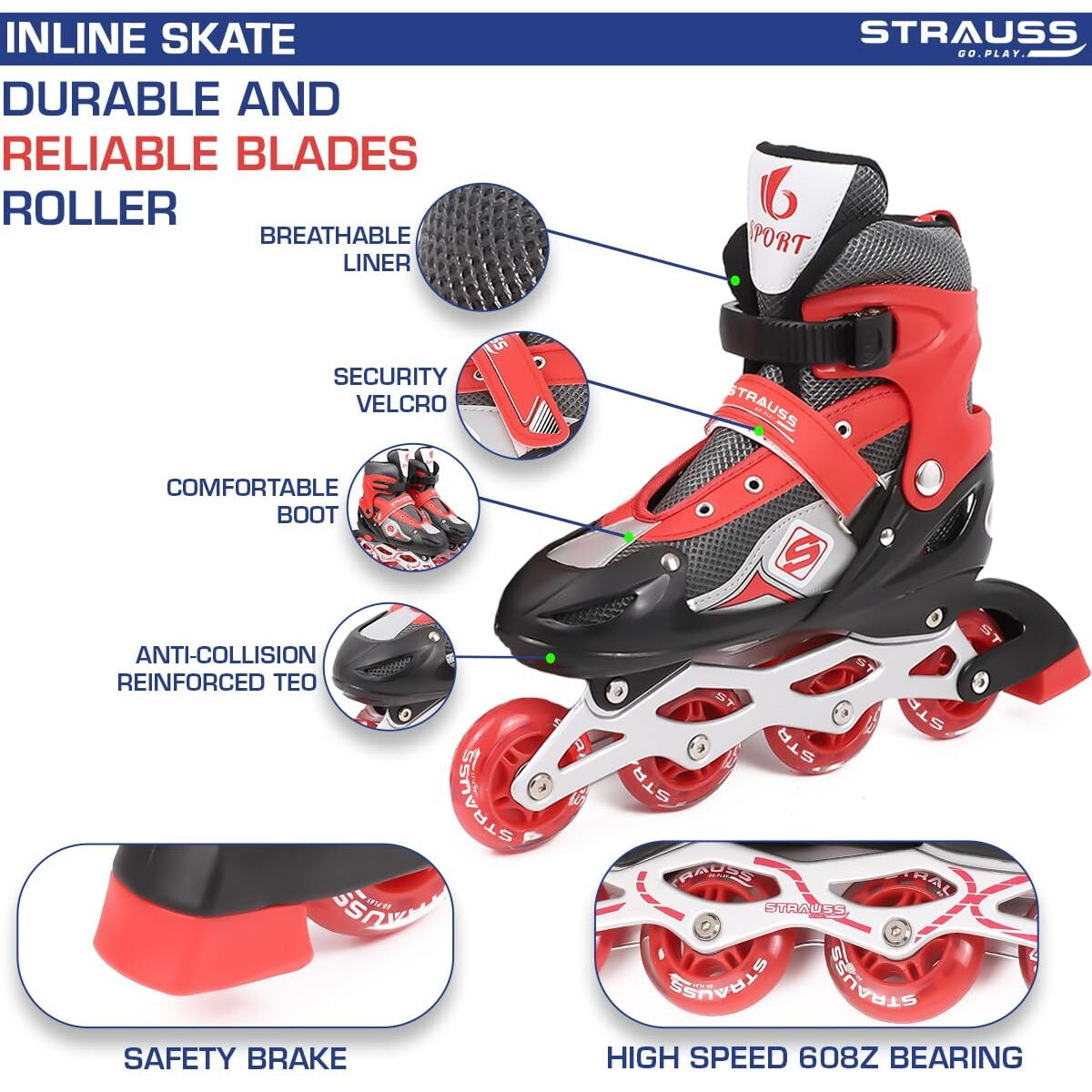 STRAUSS Vortex Adjustable Size Inline Skates | Skating Shoes for Boys & Girls | 4 Wheels |Beginner-Friendly Skating Shoe | Adjustable Roller Blades | Enhanced Stability and Support| Size L,(Red)